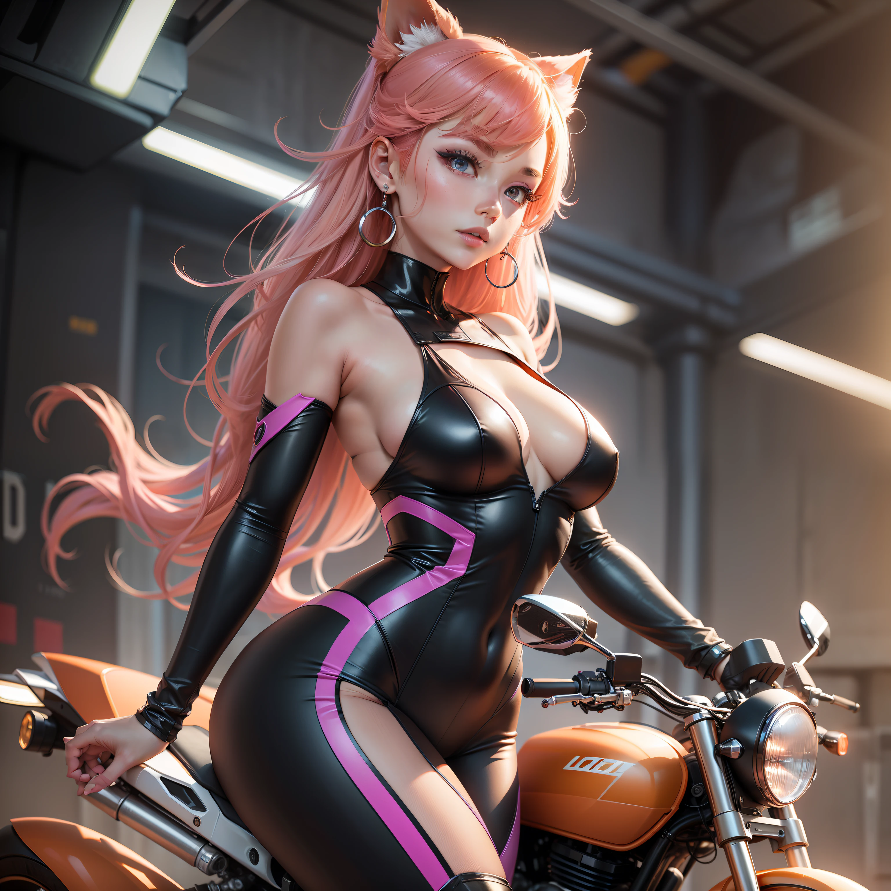 8K figure，High-tech sexy locomotive style，The body is superlative，Bumpy，Expression confidence，Peach-pink hair，eyes glowing，Liu Yue arched her eyebrows，，，hor ears，Purple gemstone earrings，（(black in color)，In pink，High-tech jumpsuits))，（Motorcycle high-tech locomotives），Background: High-level technology，Midnight under the lights，(1：1screen)，softlighting，depth of fields，