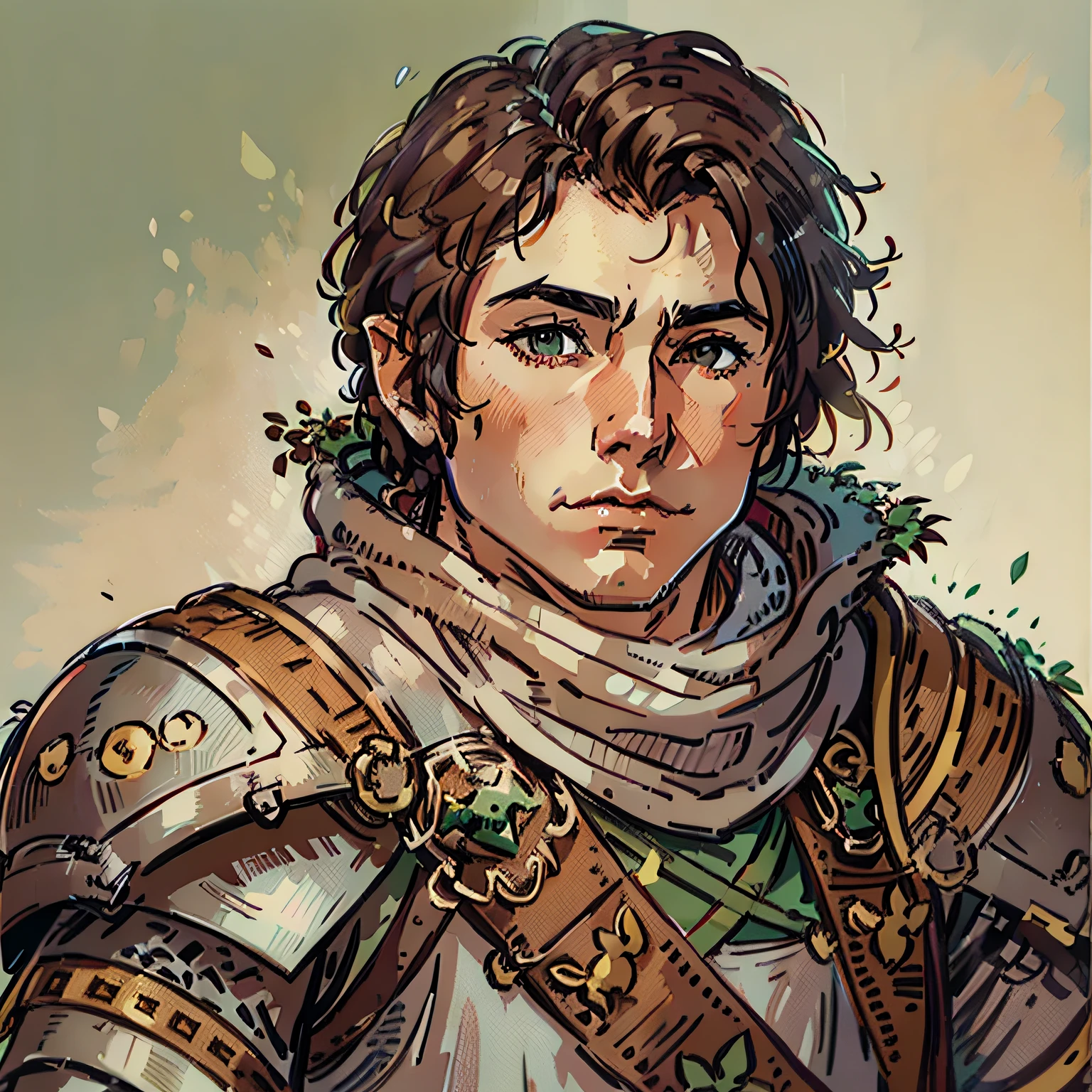 gnome rpg race, male, cleric, plate full armor, knight, pale skin color, dark brown hair, villager, commom clothes, , character, medieval fantasy, close up portrait