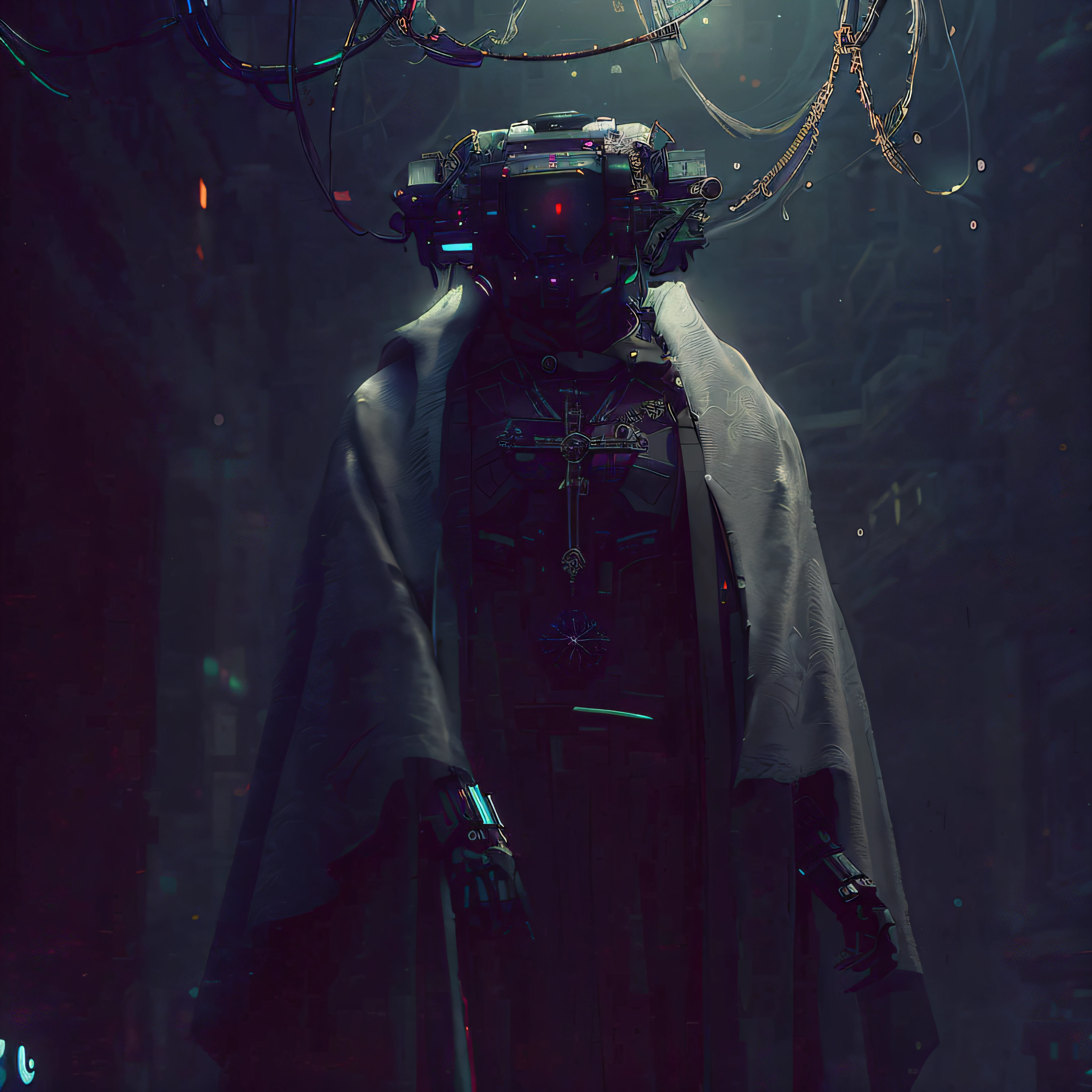 There's a macabre robot with a rustic old cassock and a crucifix hanging inside a dark Gothic cathedral, Cyberpunk ortodoxo, WLOP. Scifi, deep cyberpunk mechanoid, CGSetnação ), arte conceitual escura fotorrealista, estilo Cyberpunk silenciado, Wojtek FUS, dark sci-fi art, arte de fantasia sombria cyberpunk, Estilo de terror cyberpunk, dark cyberpunk illustration, CGSetalidade 9, CGSetalidade 8K, CGSetividade 8K