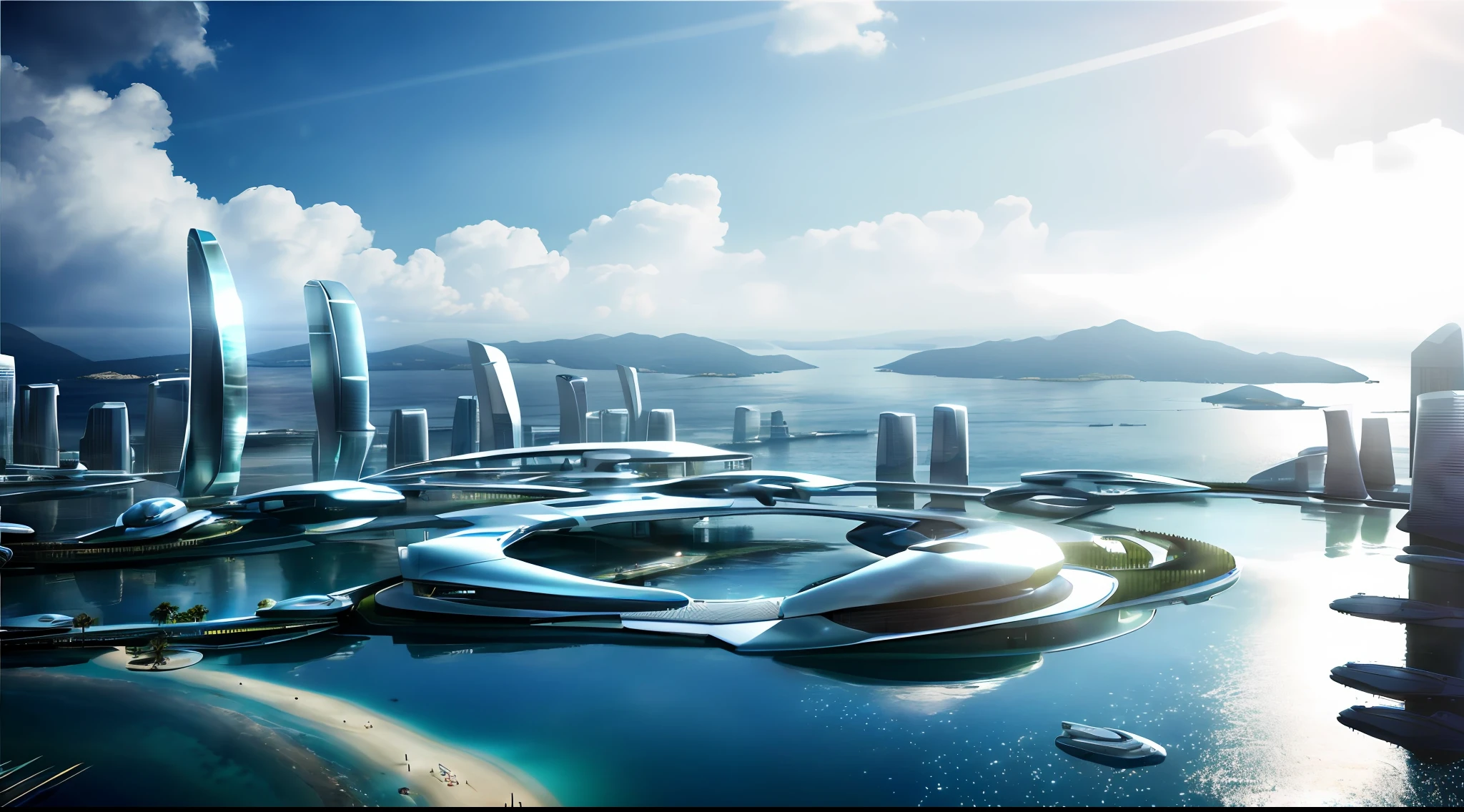 ((Masterpiece, Best quality)), 8K, Futuristic architectural style, photographrealistic, hyperedetailed photo, Clean skies, Sci-Fi City, cyber punk perssonage, beachside，Overlooking，3D，城市，jetty，Buildings