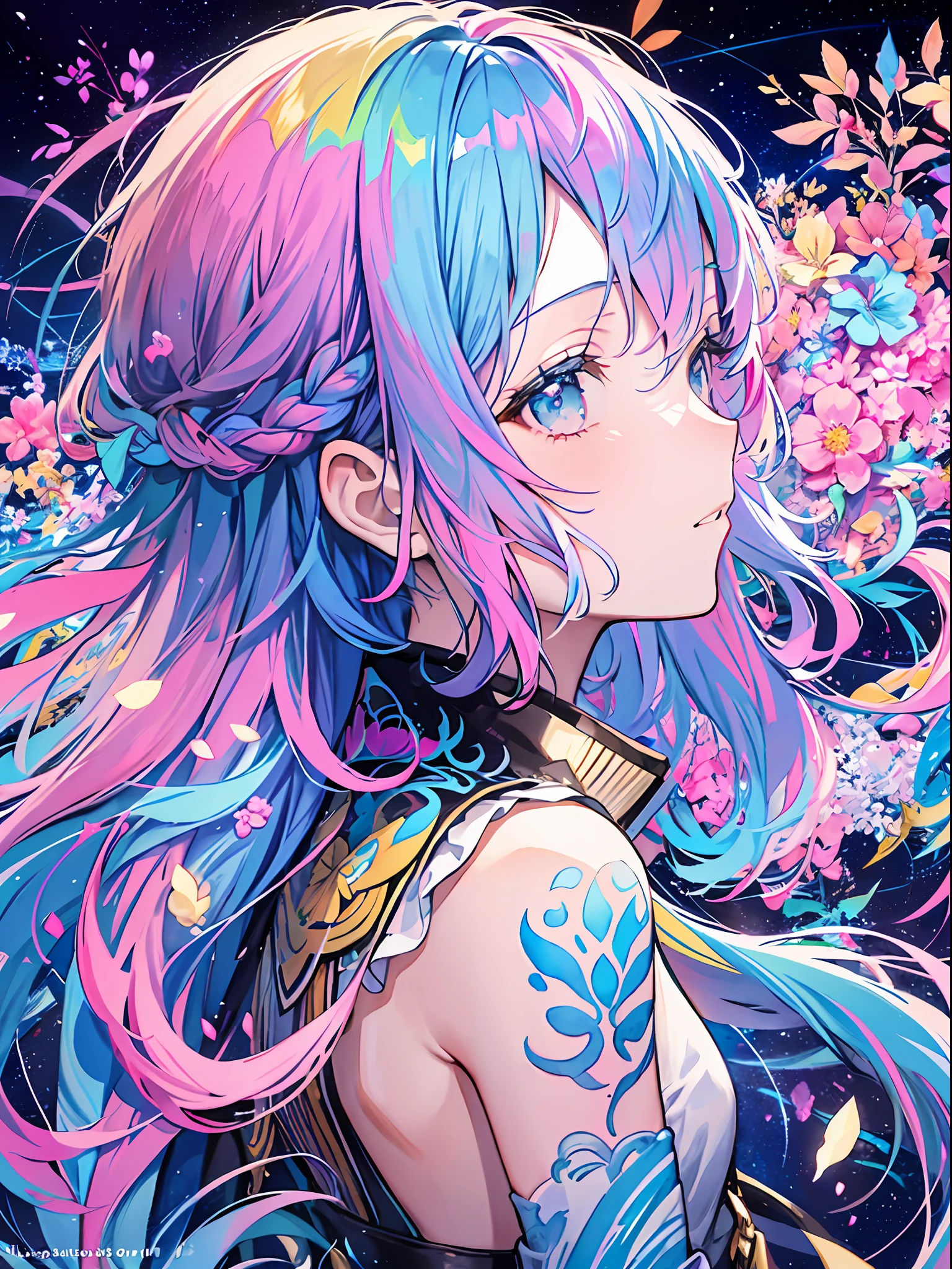 (masterpiece、top-quality、top-quality、watercolor paiting(Curly)、Official art、Beautifully Aesthetic:1.2)、(1girl in:1.3)、(Fractal Art:1.3)、The upper part of the body、From Side、looking at the viewers、patterns、(rainbow-colored hair、colourful hair、Half blue and half pink hair:1.2)、Eau、liquids、clouds、colourfull、starrysky、stele、Splashes of bright colors、Rough kanji、
