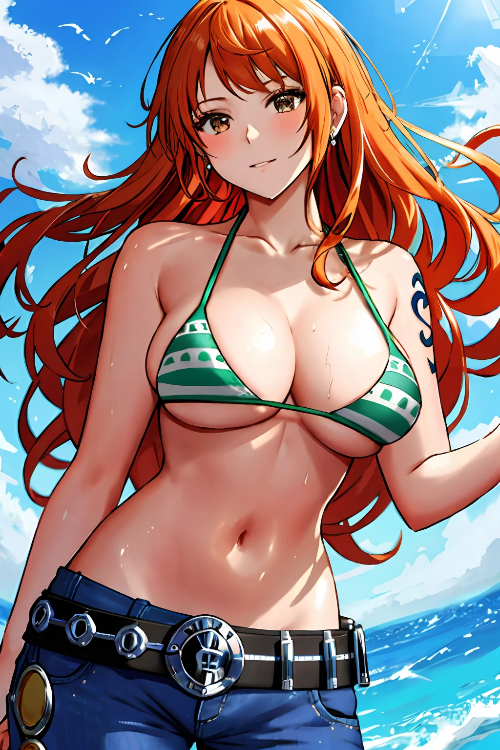 detailed background, masterpiece, 4k, best quality, adult, wrestler, 1girl, active, energic, uppercut, (large mouth) , solo, nami \(one piece\), 1girl, bangle, wet, soaked in sweat, perfect detailed face, bold drawing lines, muscular arms, detailed bold arm lines, flat jaw, adult woman, wavy wide streaked bangs, floating bang streaks, (big cheeks), bare shoulders, off-shoulders, belt, bikini, bikini top only, blue sky, bracelet, springy breasts, breast lines, big round eyes, plain big brown shiny eyes, bubble, high eye position, cleavage, cloud, day, denim, earrings, floating hair, shiny hair, green belt, green bikini, bold groin lines, jeans, jewelry, medium breasts, log pose, long hair, looking at viewer, navel, wet hair, orange hair, pants, shoulder tattoo, sidelocks, sky, solo, standing, stomach, swimsuit, tattoo , looking at viewer, open mouth, detailed left arm, big forehead, hourglass figure, small head, very happy, laughing, toned body, wide hair, wind effect, sun effect, under the sun, narrow small ears angle, older, random poses, tired