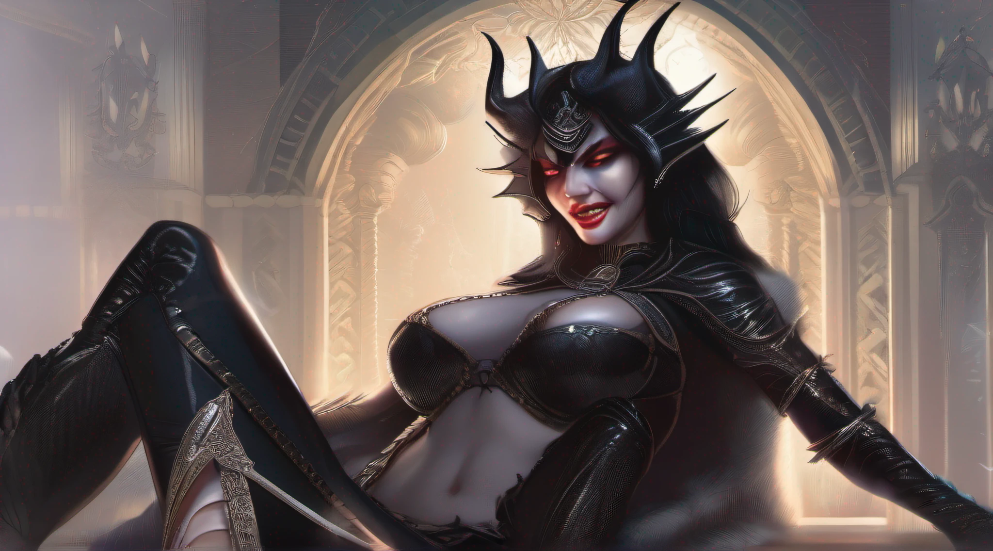 ((Best quality)), ((masterpiece)), (highly detailed:1.3),a woman black hair bangs covering her eyes, intimidating demon queen very angry, sitting on the throne dressed all black laughing bracelets hose