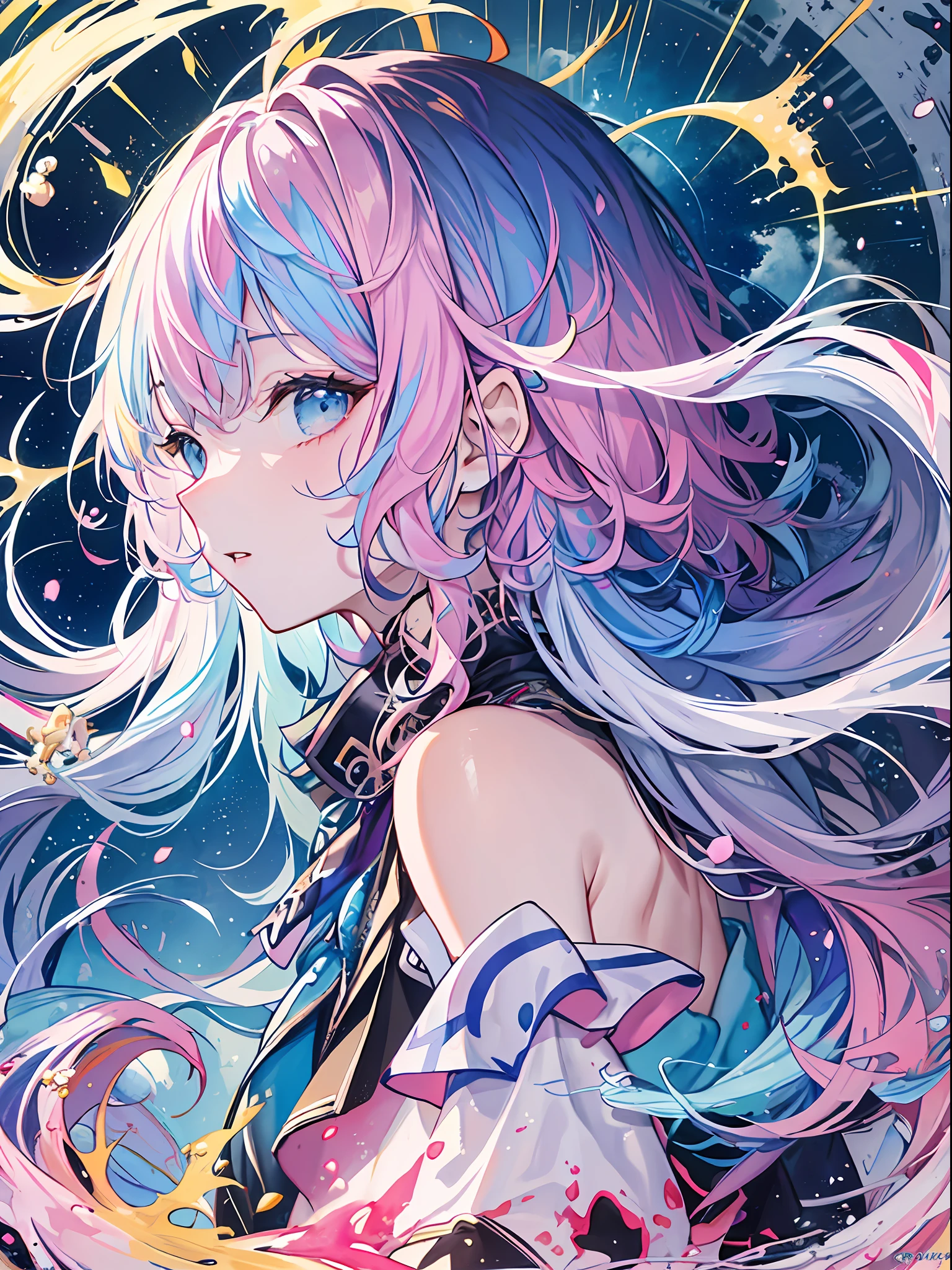 (masterpiece、top-quality、top-quality、watercolor paiting(Curly)、Official art、Beautifully Aesthetic:1.2)、(1girl in:1.3)、(Fractal Art:1.3)、The upper part of the body、From Side、looking at the viewers、patterns、(rainbow-colored hair、colourful hair、Half blue and half pink hair:1.2)、Eau、liquids、clouds、colourfull、starrysky、stele、Splashes of bright colors、Rough kanji、