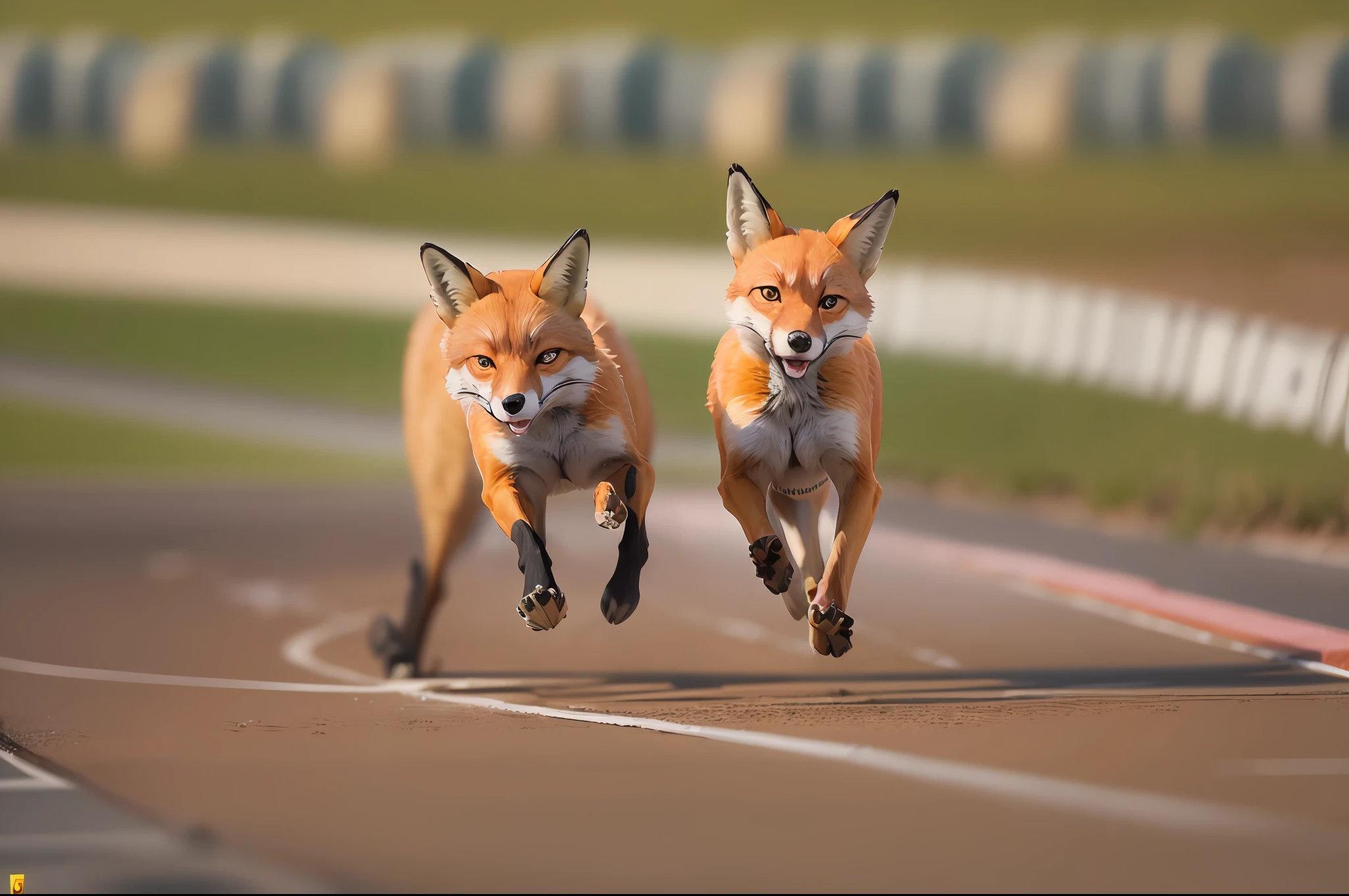 "(masterpiece, best quality),("Two determined foxes competing in an exciting race, determined to emerge as the final victor: 1.3)(one in yellow uniform, the other green: 1.2),(photo captured on camera Canon MarkV with a Canon 70-200mm f/ 2.8 IS 1:3), establishing a line between the camera and the photographed object parallel to the ground, great drama of the image and evokes in the viewer a strong sensation of movement, the foxes give sensation of speed on a running track, it's a sunny day, hyper realistic, hypermax, intricate details, vivid colors"