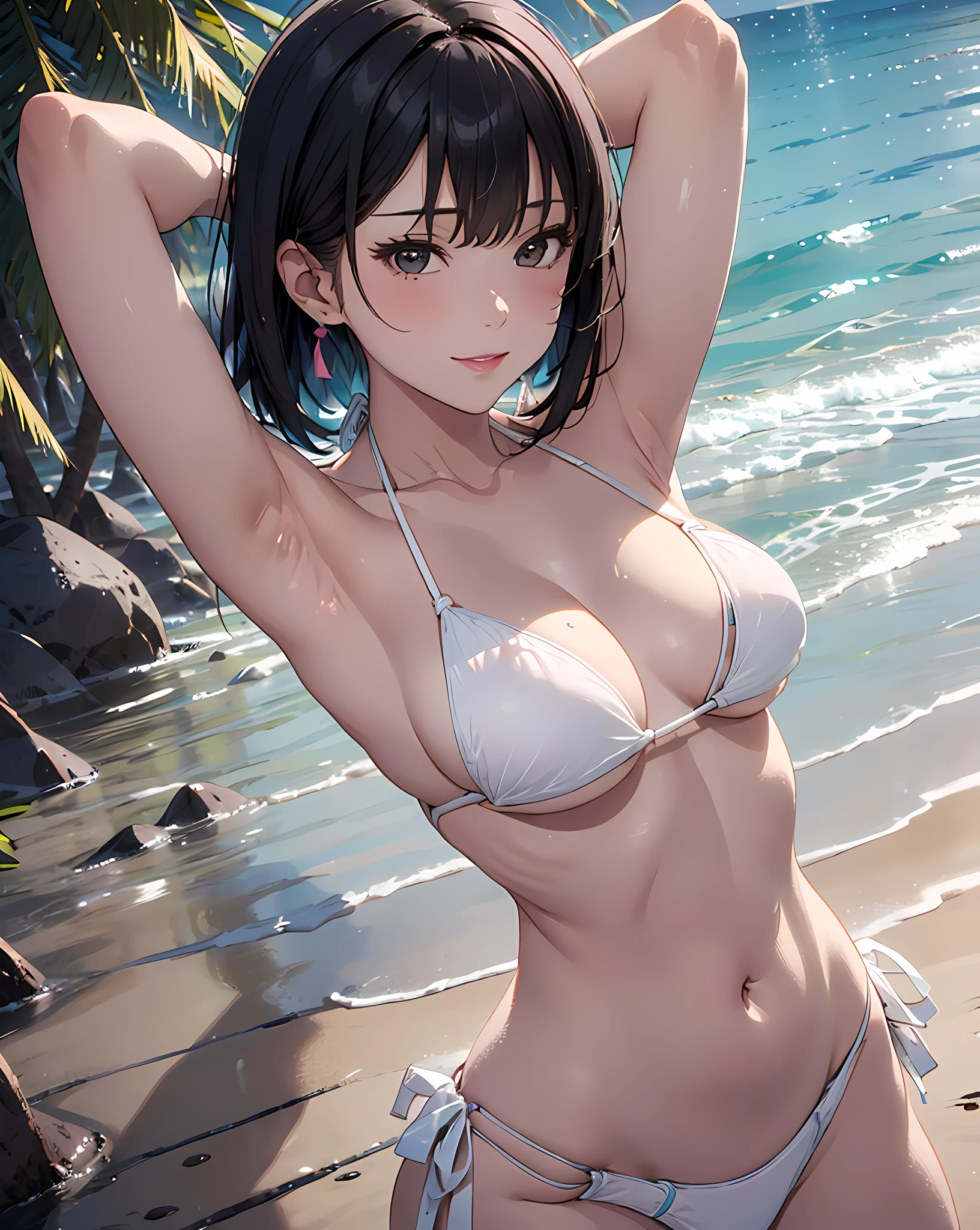 (((Head out of frame:1.5, close-up lips:1.5, from below, POV, armpit focus, arms up, arms behind head))), (masterpiece, best quality:1.37), highres, ultra-detailed, ultra-sharp, BREAK, Korean school idol, (((1girl:1.37, solo))), (beautiful anime face, cute face, detailed face), (black hair, thin hair, extremely short hair, bangs, hime-cut), detailed beautiful cyan eyes, BREAK, ((detailed white bikini:1.5)), BREAK, lovely look, water melon earing, detailed clothes), light smile, closed mouth, parted lips, pink lipstick, BREAK, ((looking straight at you, cowboy shot)), detailed human hands, HDTV:1.2, ((detailed sandy-beach background:1.3, outdoor, Hawaiian beach)), 8 life size, slender:1.15, anime style, anime style school girl, perfect anatomy, perfect proportion, inspiration from Kyoto animation and A-1 picture, late evening, excellent lighting, bright colors, clean lines, photorealistic