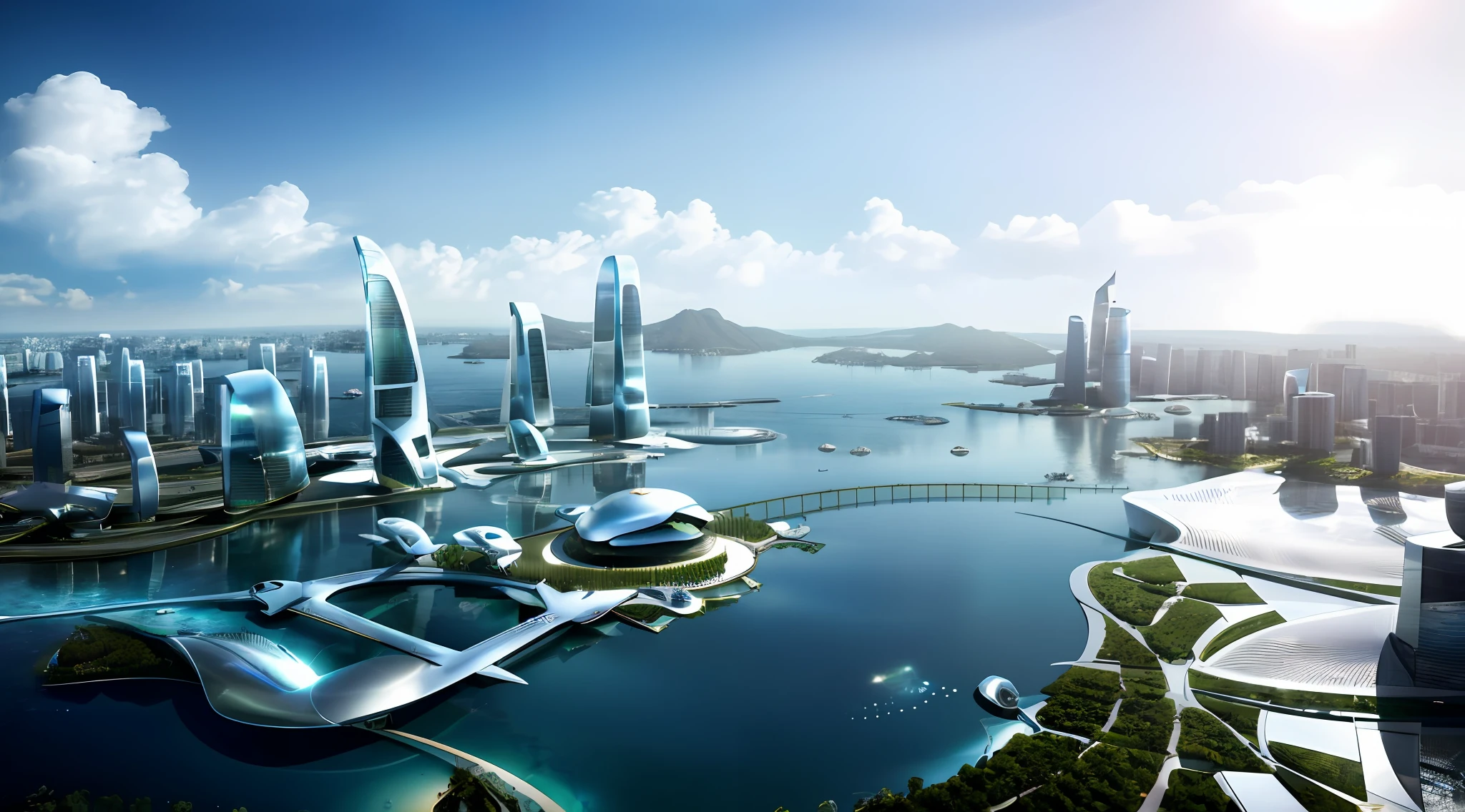 fantasy concept art,A white building serves as a huge aquarium,wide wide shot,8k 辛烷值渲染,realisticlying,epic shot,电影灯光,Detailed architectural masterpiece,best qualityer,(Future Science and Technology City:1.1),Fantastic sense of light,rios,Dense cities,super high-rise buildings,A high resolution,hyper qualit,Aerial view of complete details,The complex features pedestrian streets and sophisticated shops,Modern building facades create a stylish and sophisticated environment。In the dawn atmosphere of a gorgeous city light show,The use of three-dimensional corridors and glass curtain wall towers adds to the overall futuristic feel of the scene,Realistic lighting and three-dimensional greenery create a sense of depth and vibrancy。The street planting details are exquisite,It adds a touch of natural beauty to the urban space。Render in HD quality using 3D rendering software,The images are stunning urban designs,strong contrast of light and shadow,Extreme material detail,4K,8K,high qulity,Shape curve,Curved buildings,Strong glass reflections,twinkle,(SOM:1.1),(Zaha:1.2),Interior architectural lights pass through the shadows,Clear building structure, viewed from bird's-eye