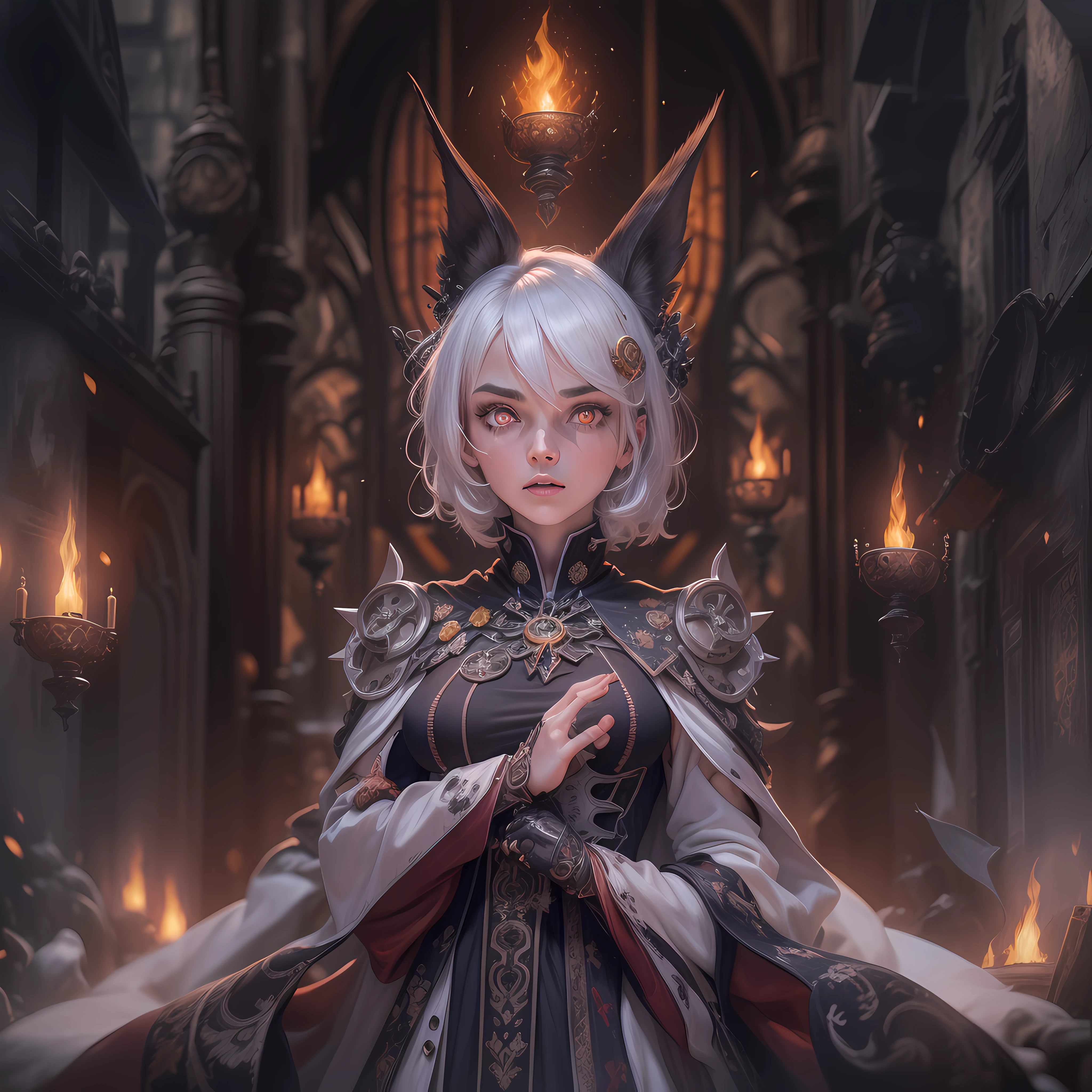 (1girl fox ear, short hair, 15 year old (small_breasts:1.9), (small head),, pale skin, small boobs ((platinum hair color)), (extremely intricate robes, magical robes), discreet wearing cloak with gears (technical wearing, jetpack). dark church background, mechanism, gears, industry, technology, automaton, electric sparks cinematic atmosphere. (((flowing cloak))), ((amber eyes high quality, high quality face)), (extremely intricate robes, magical robes), casting black flame, swirling fire, radiating power, smoke, magic black flame ((dramatic)), depth of field, bokeh, gothic, ember, particles, skulls and lit candles necromancer, red glow, shadows, starry, night blood moon, magic, low camera angle, (detailed eyes:1.3), (detailed face:1.3), (perfect hands:1.3). realistic shadows, ultra detailed high resolution, sharp focus, depth of field, (Masterpiece:1.2) (photorealistic:1.2) (best quality) (intricate details) (High Poly) (Raytracing), (neutral colors:1.2), (hdr:1.4), (muted colors:1.2), hyperdetailed, (artstation:1.4), cinematic, cold lights, dramatic light, (intricate details:1.1), (teal and orange:0.4)", detailed background, (steam-punk theme:1.1) determined expression, dark mist, dark clouds, floating lights.