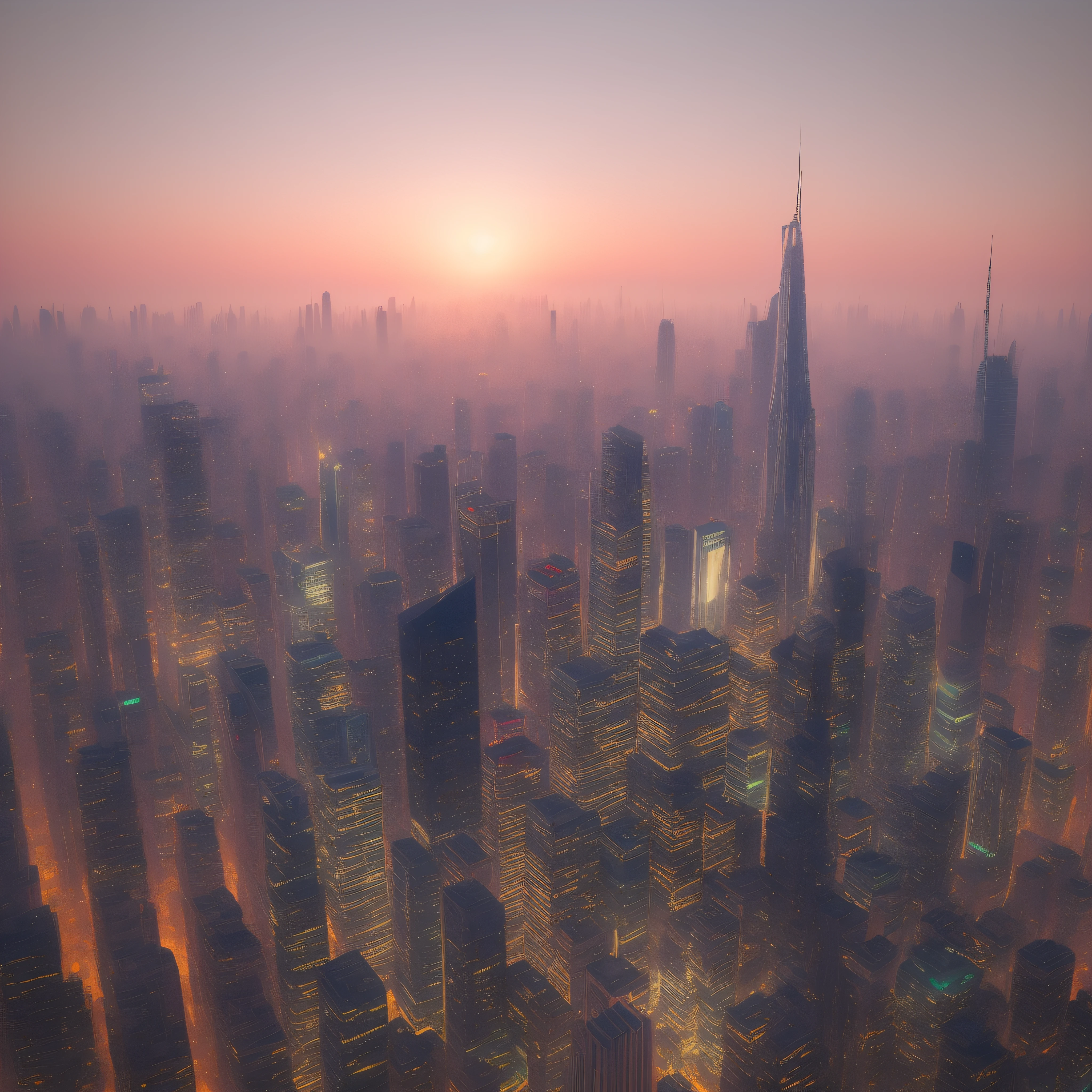 sunrise and a mega city with tall buildings on the horizon from afar.