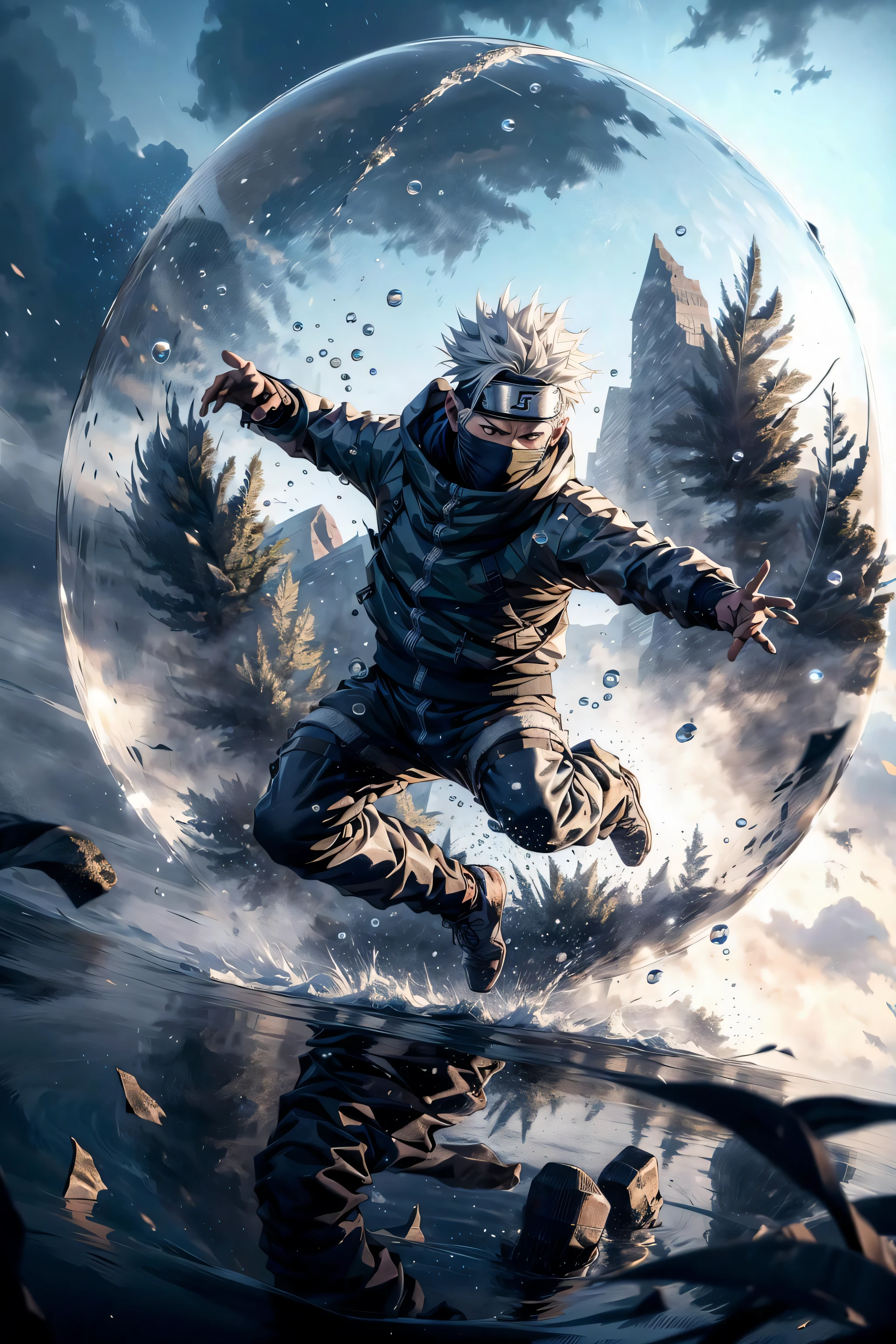 absurdres, (best quality), (masterpiece),(ultra-detailed:1.2),(photorealistic:1.1),(highres),
(1boy:1.3), (solo:1.3),in the ball,(jumping:1.1),floating,bend legs,
kakashi,boots,
water ball,large water ball,water circle,
bubblerealm,(fog:1.3),
mountain,grass field,simple background,
