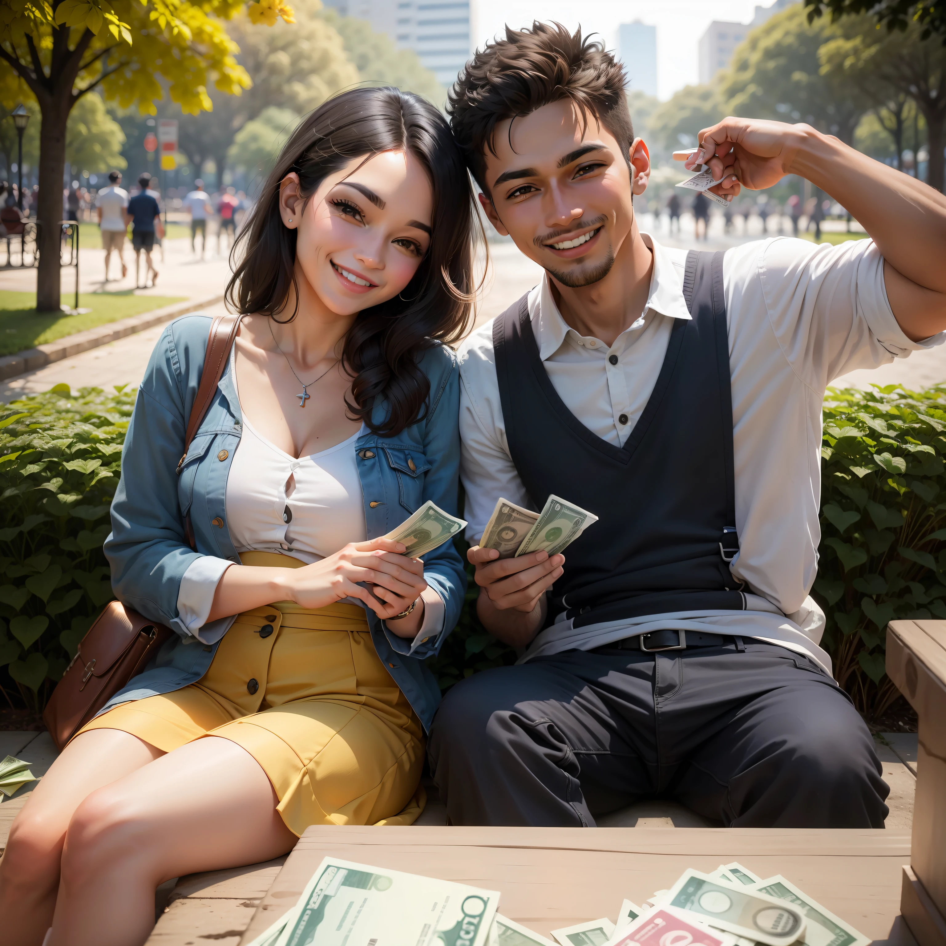 Casal sorridente, sentado em um banco de parque ensolarado, holding an open wallet filled with cash bills and various colored cards, transmitindo alegria e prosperidade, Fotografia, DSLR camera with 35mm lens, --ar 16:9 --v 5