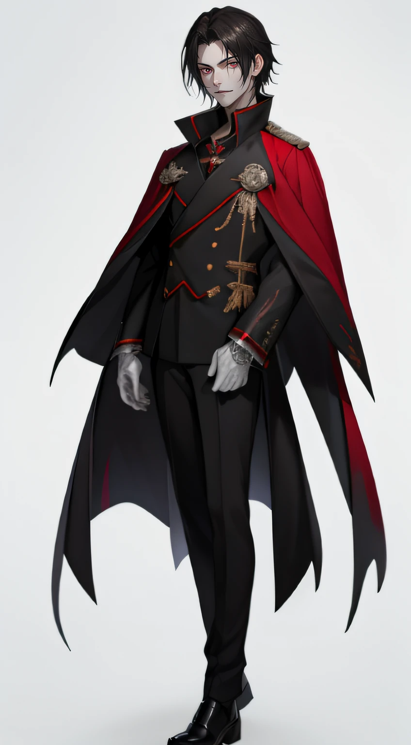 Vampires、Royal uniform、Dark hair、Wearing modern clothes、masutepiece, superfine illustration, Extremely detailed, 1boy, Flat background, Full body, Standing, very detailed face and eyes,white backgrounid、full body Esbian、From hand to foot、