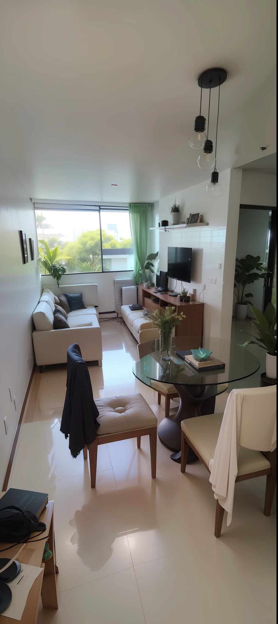(Iluminado),(ultrarrealista),(hiperdetalhado), moderno, amadeirado, plantas, verde, arquitetura