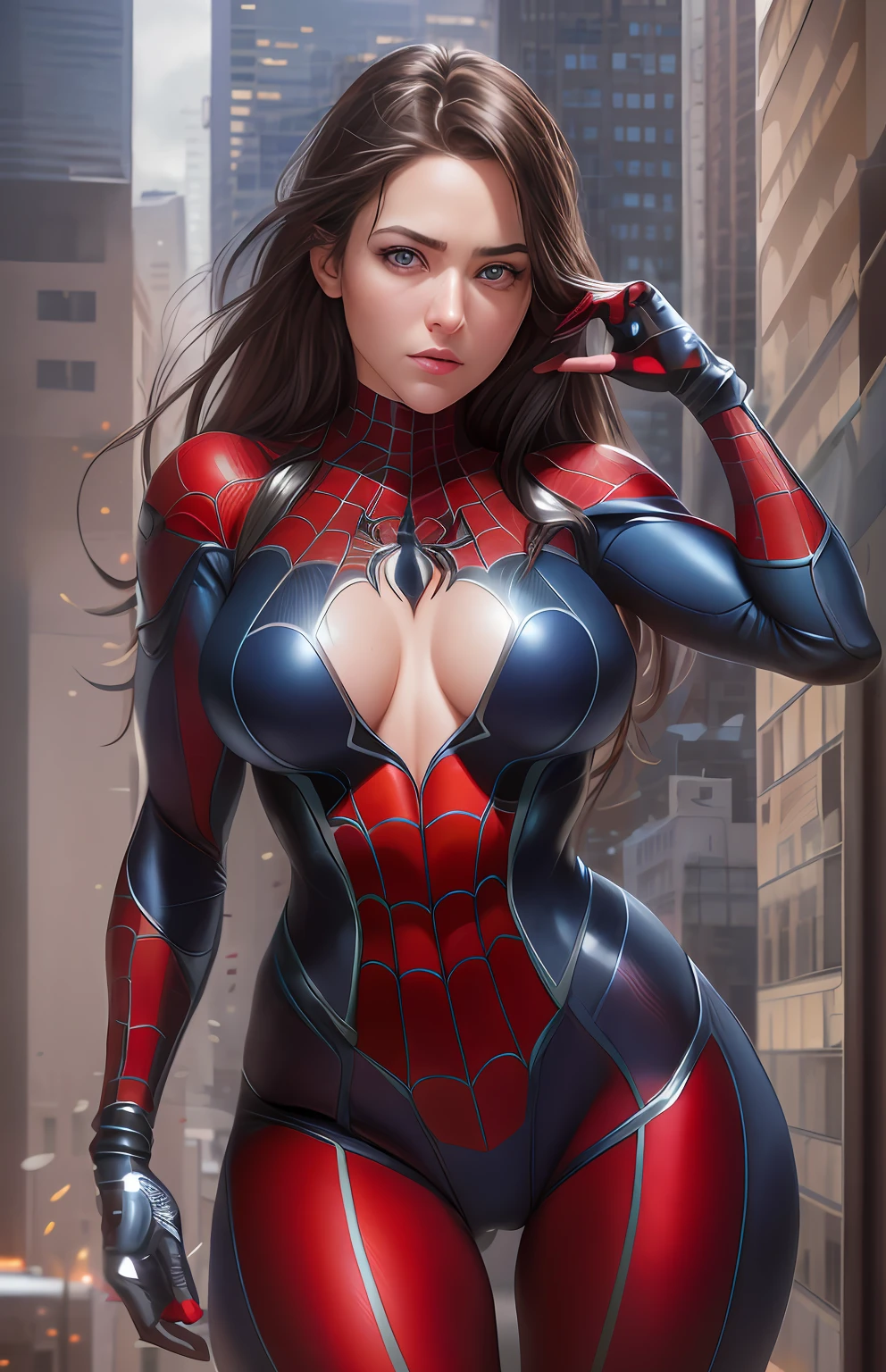 Proportional eyes, (Realistic:1.5),Photorealistic, Ultra photo realsisim, (Extremely detailed eyes), ultra - detailed, Soft lighting, (Detailed background), Extreme detail background, sharp detailed, ((full bodyesbian)), Female Spider-Man's naked front exposes her breasts, Flushed face, Hanging on the side of the building