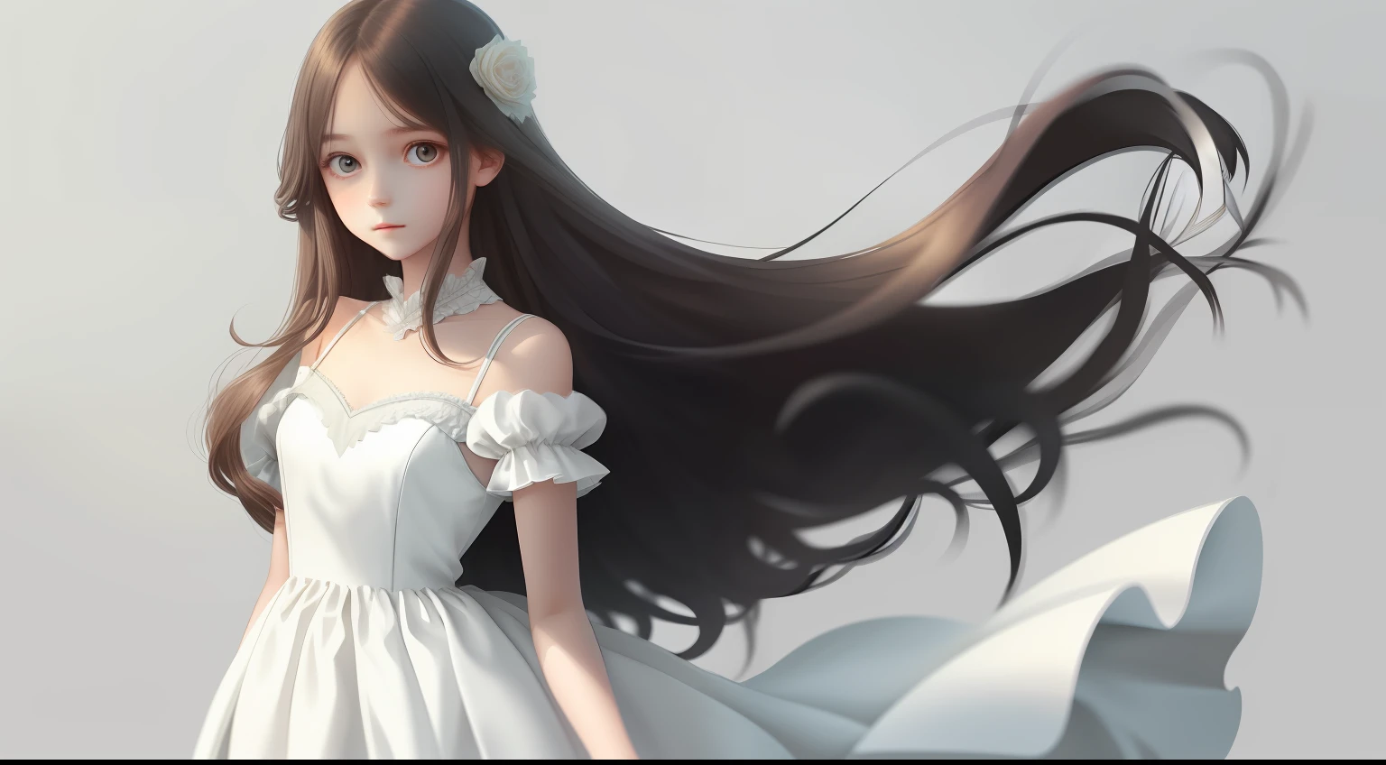 Pure girl,wearing a formal dress,Long hair and waist,Delicate and cute,flatchest