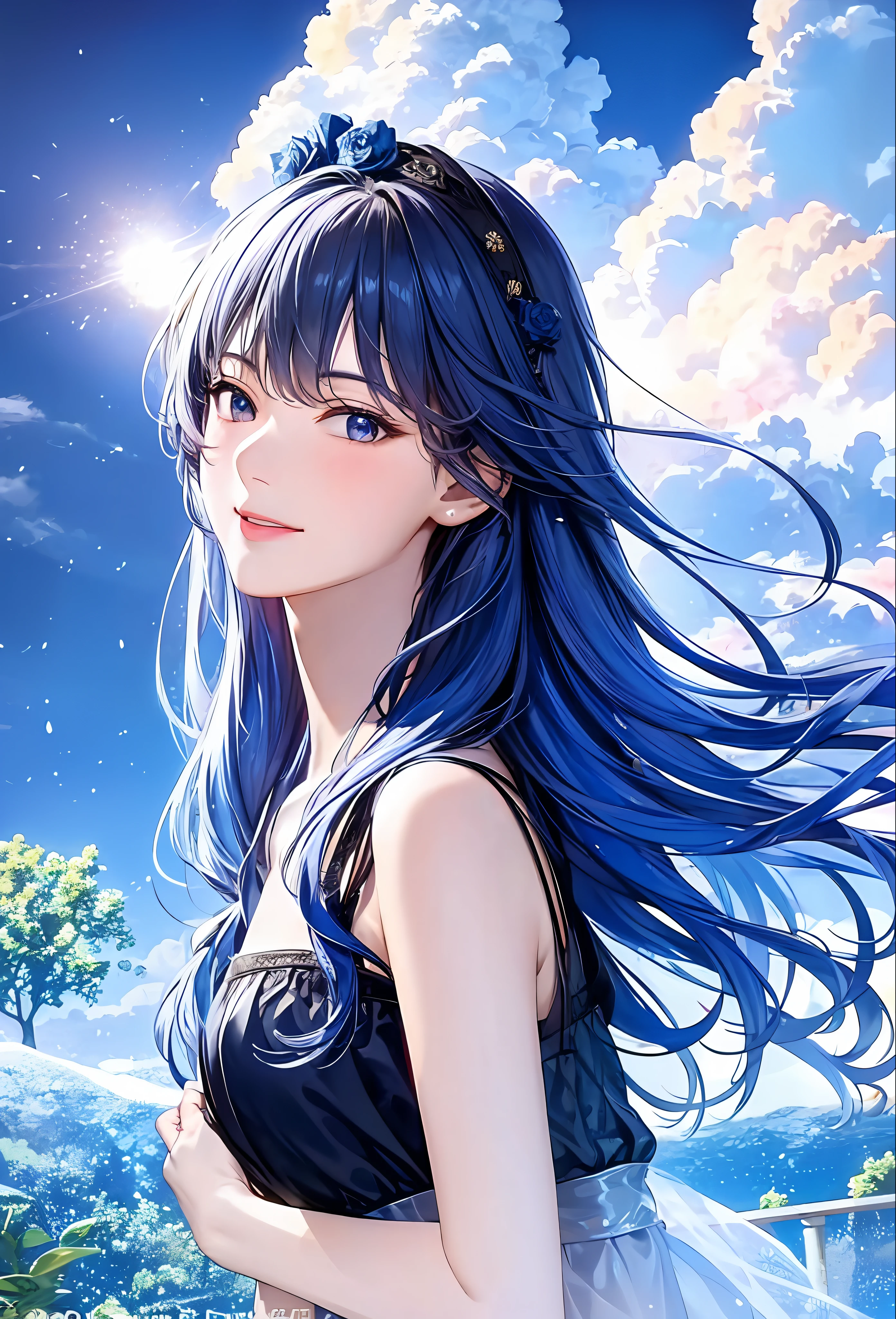 (8k, top quality, masterpiece: 1.2), (realistic, photorealistic: 1.37), super detailed, girl alone, cute, solo, midnight, beautiful detailed sky, detailed café, sitting, dating, (blush), (smile: 1.15), small breasts (mouth closed), beautiful fine eyes, floating hair NovaFrogStyle, back open dress, blue rose accessories, Blue rose background