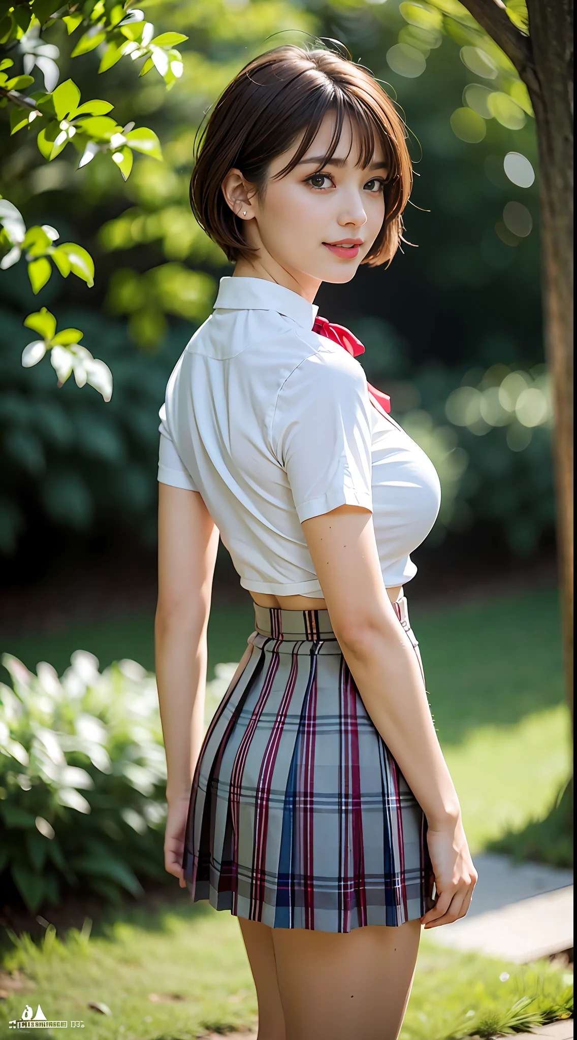 nsfw, 8K raw photo, Best quality, masterpiece, ultra high res, film grain, filmg, 1girl, looking at viewer, natural skin texture, realistic eye and face details, full lips, lipstick, (makeup), red eyeshadow, fluffy short hair, messy hair, smile, close mouth, beautiful legs, tall female, skinny, slim_legs, solo, enormous breasts, cleavage, Pose with buttocks facing you, ultra short skirt, ass, shirt, chocker, beautiful nature location, around flower location, (detailed background), plaid skirt, white shirt, enormous breast, cleavage, Show a little cleavage through the shirt, loafers, blurry background, blurry, holding, plaid, short sleeves, jk ribbon on the neck, jk ribbon, brown hair, bracelet, water, bangs, school uniform, jewelry, parted lips, lips, from side, pleated skirt, depth of field