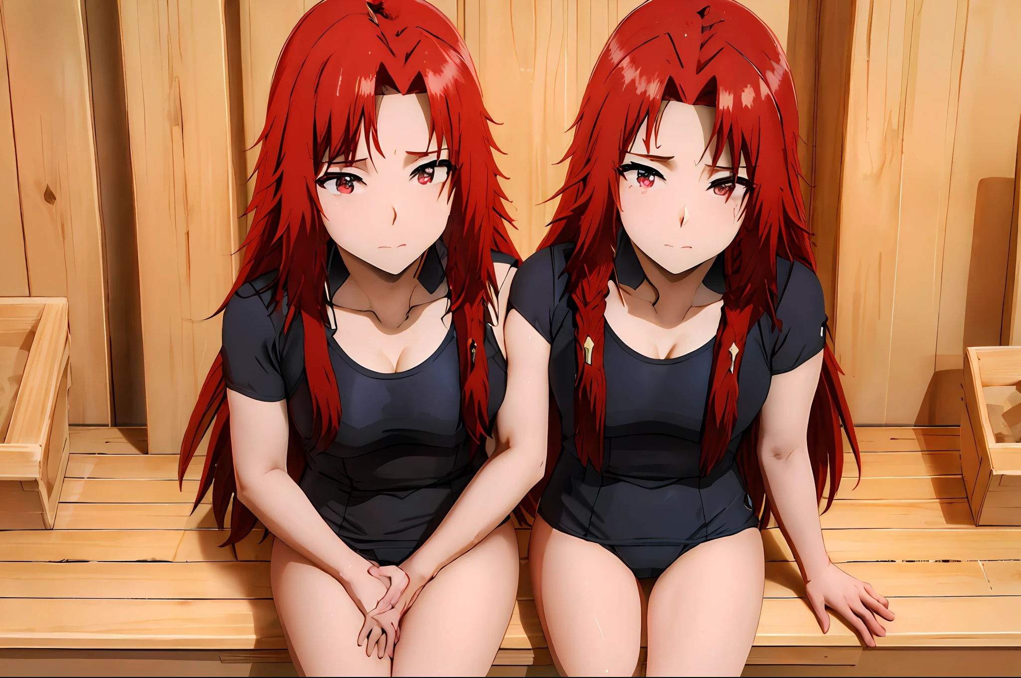 masterpiece, best quality, IrisMidgarV4, ((thousands of, millions of, crowd of)), +100girls, clones, identical sisters, crowd shot, ((long hair, red eyes, braid, red hair)), ((black swimsuit, matching outfit)), matching hairstyle