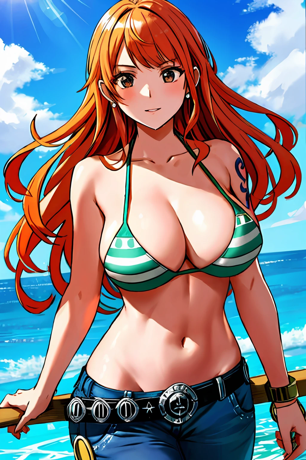 detailed background, masterpiece, 4k, best quality, adult, wrestler, 1girl, active, energic, uppercut, (large mouth) , solo, nami \(one piece\), 1girl, bangle, wet, soaked in sweat, perfect detailed face, bold drawing lines, muscular arms, detailed bold arm lines, flat jaw, adult woman, wavy wide streaked bangs, floating bang streaks, (big cheeks), bare shoulders, off-shoulders, belt, bikini, bikini top only, blue sky, bracelet, springy breasts, breast lines, big round eyes, plain big brown shiny eyes, bubble, high eye position, cleavage, cloud, day, denim, earrings, floating hair, shiny hair, green belt, green bikini, bold groin lines, jeans, jewelry, medium breasts, log pose, long hair, looking at viewer, navel, wet hair, orange hair, pants, shoulder tattoo, sidelocks, sky, solo, standing, stomach, swimsuit, tattoo , looking at viewer, open mouth, detailed left arm, big forehead, hourglass figure, small head, very happy, laughing, toned body, wide hair, wind effect, sun effect, under the sun, narrow small ears angle, older, random poses, tired