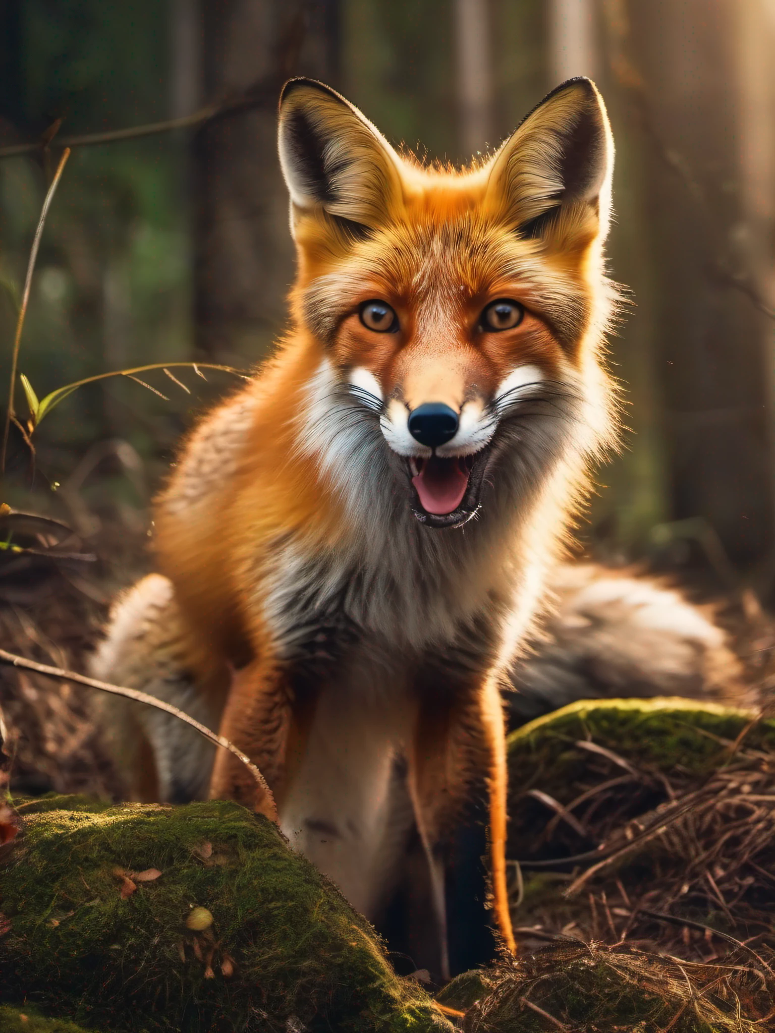 (Fox Realista), animal selvagem, feroz, com dentes grandes afiados), (Imagem ultrarrealista altamente detalhada:1.2), (fotorrealista:1.2), com detalhes intrincados. (Background with lighting effects with rays and powers of bright colors with high contrast and saturation:1.2). ((cinematic photography, UHD, 8k)), ((de corpo inteiro)), ((foco nítido:1.2))