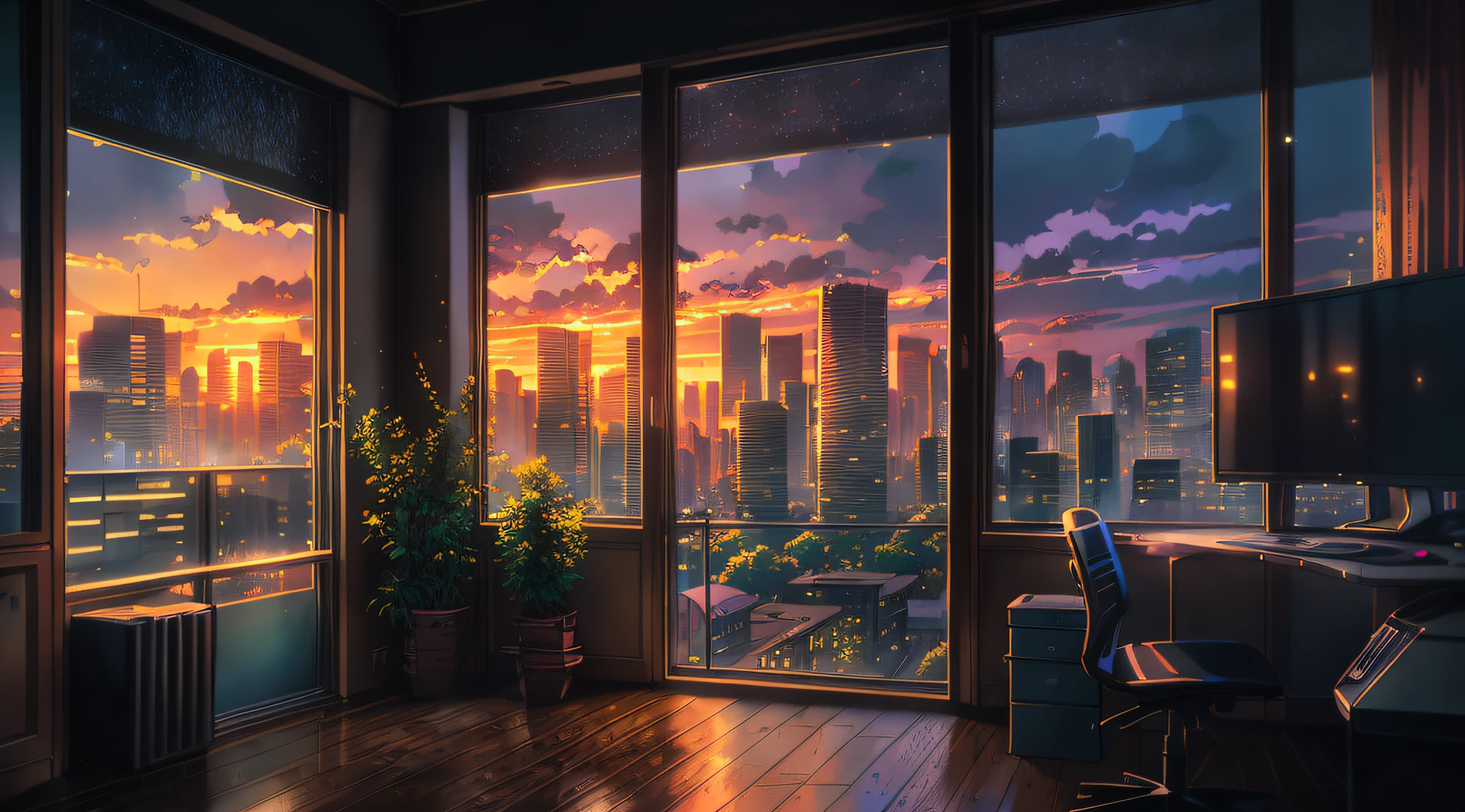 there is a room with a desk and a large window with a city view, hd anime cityscape, anime scenery, anime background art, tokyo anime scene, beautiful anime scenery, anime style cityscape, 4k anime wallpaper, beautiful anime scene, beautiful cityscape, anime art wallpaper 4 k, anime art wallpaper 4k, watching the sun set. anime, anime style 4 k