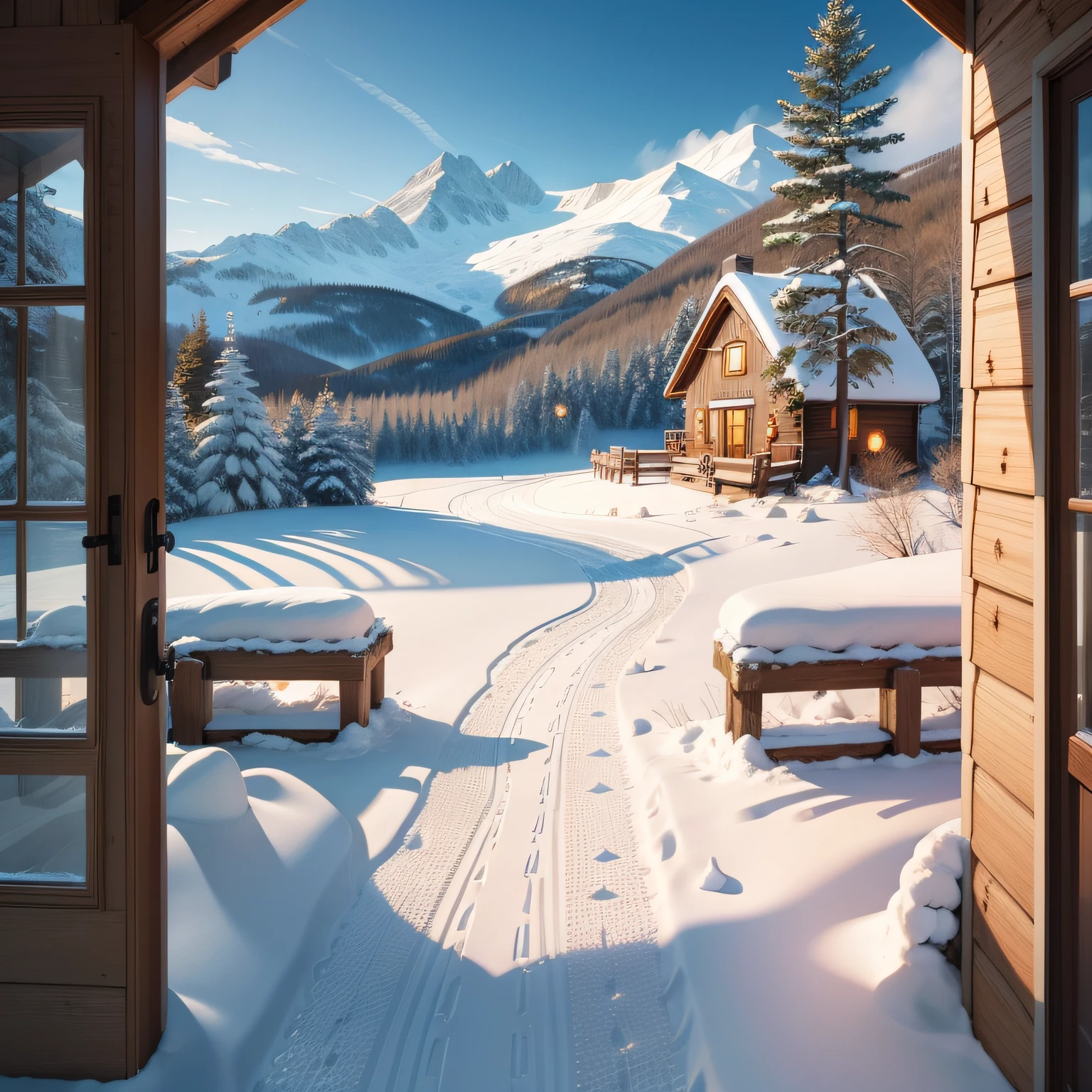 cottage with snow covered hills in background coloring page