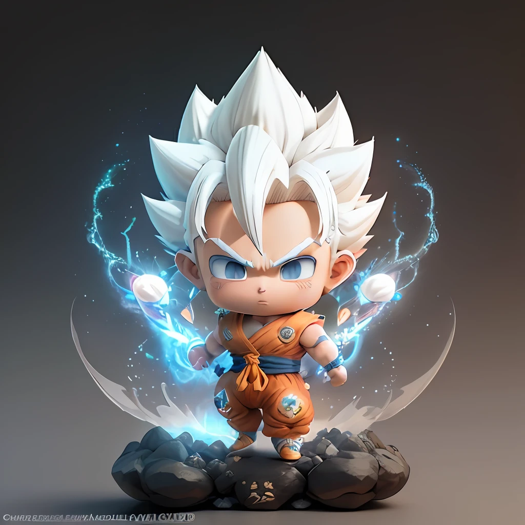 Goku, super saiyan, exquisite hair, arm depiction, white and blue hair body, exquisite shoes, eye depiction, exquisite hair, popmart blind box, clay texture, stepping on the land, black and white background, natural lighting, most good quality, super detail, 3D art, c4d, OC renderer, 3D rendering, 8k