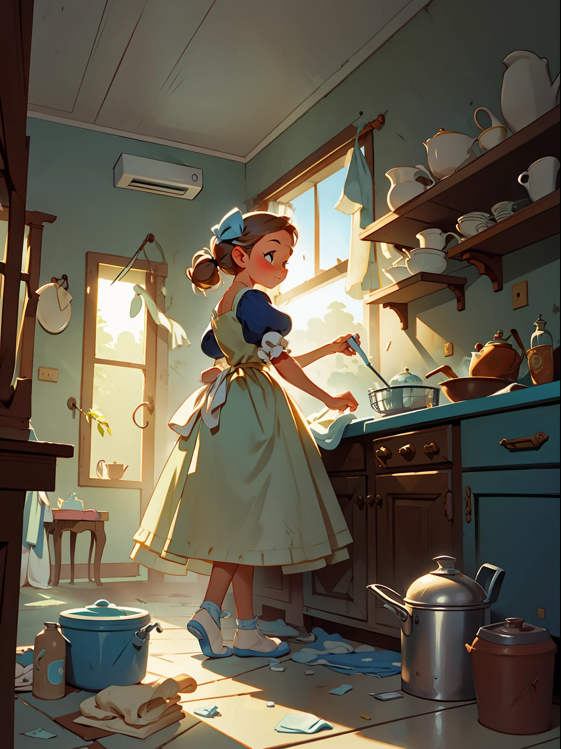 Cinderella in a dilapidated house，Clean the floor，Washing dishes