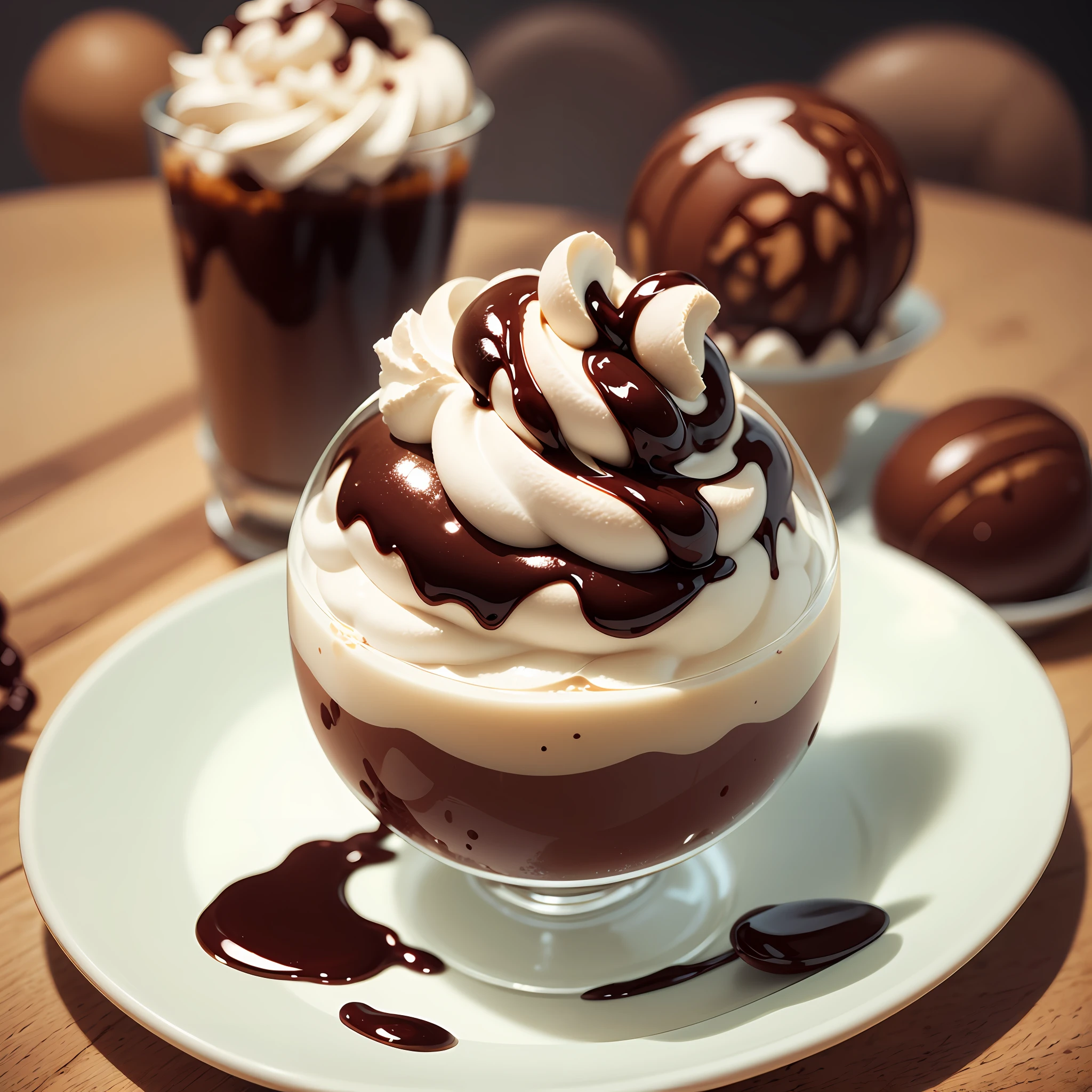 A beautiful glass of chocolate sundae, com creme e uma cereja em cima, muita linda --auto --s2