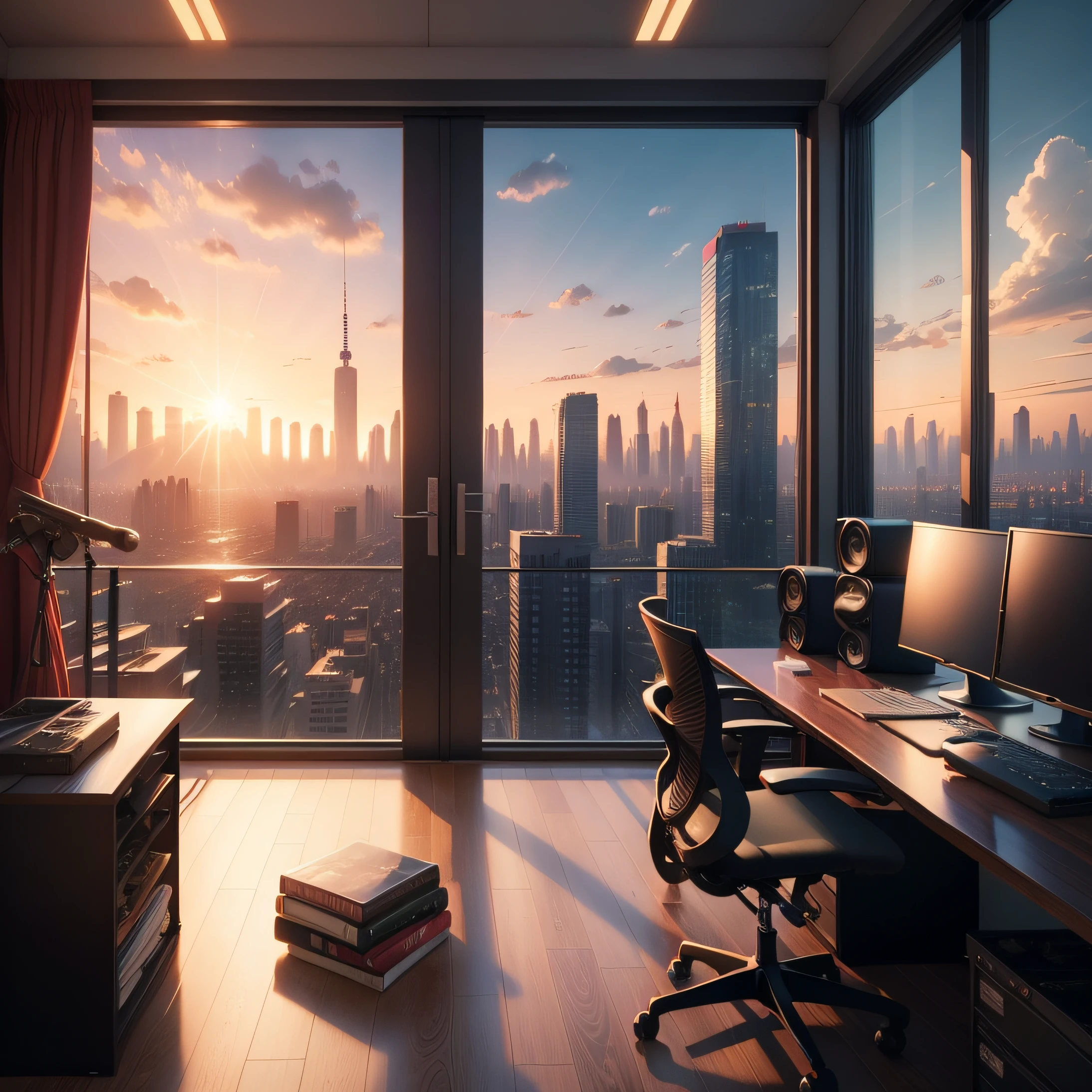 there is a music studio with a desk and a large window with a city view, hd anime cityscape, anime scenery, anime background art, tokyo anime scene, beautiful anime scenery, anime style music studio, 4k anime wallpaper, beautiful anime scene, beautiful cityscape, anime art wallpaper 4 k, anime art wallpaper 4k, watching the sun set. anime, anime style 4 k