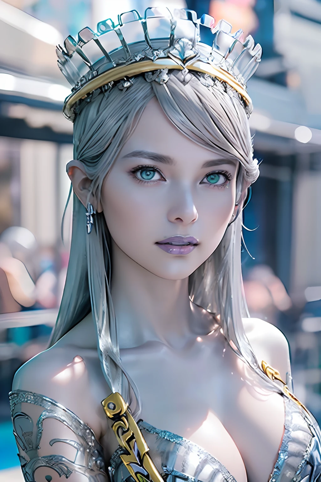 Ultra-detailed complex 3D rendering of the face, (masterpiece, top quality, octane rendering,), glamour shots full body image, very beautiful young elves, cleavage, (highly detailed skin: 1.2), (exposure: 1.1), ((blue micro bikini: 1.95)))). , 8k, (((very soft breasts)), (((conspicuous large pink areola)), beautiful Caucasian woman with white skin with full soft breasts with big buttocks, one, long braided hair, big breasts, dynamic angles, (((huge breasts: 2.4)), ultra-realistic photos, ((((((silver hair)))), futuristic urban background, facial muscles, (((((detailed and glamorous silver crown)))), In the style of Marvel Comics, ArtStation Trends, Clear Focus, Intricate Details, Very Detailed, Detailed Green Eyes, Sharp Focus, Digital Rendering, Professional, Abs, Lip Gloss, Glossy Skin, Sexy Pose, Golden Tattoo All Over Body, Silver Pattern All Over Body, Silver Lame Skin, Gold Glitter Skin, Mansuji, Buttocks, Jeweled All Over the Body, with silver scales, silver hair,
