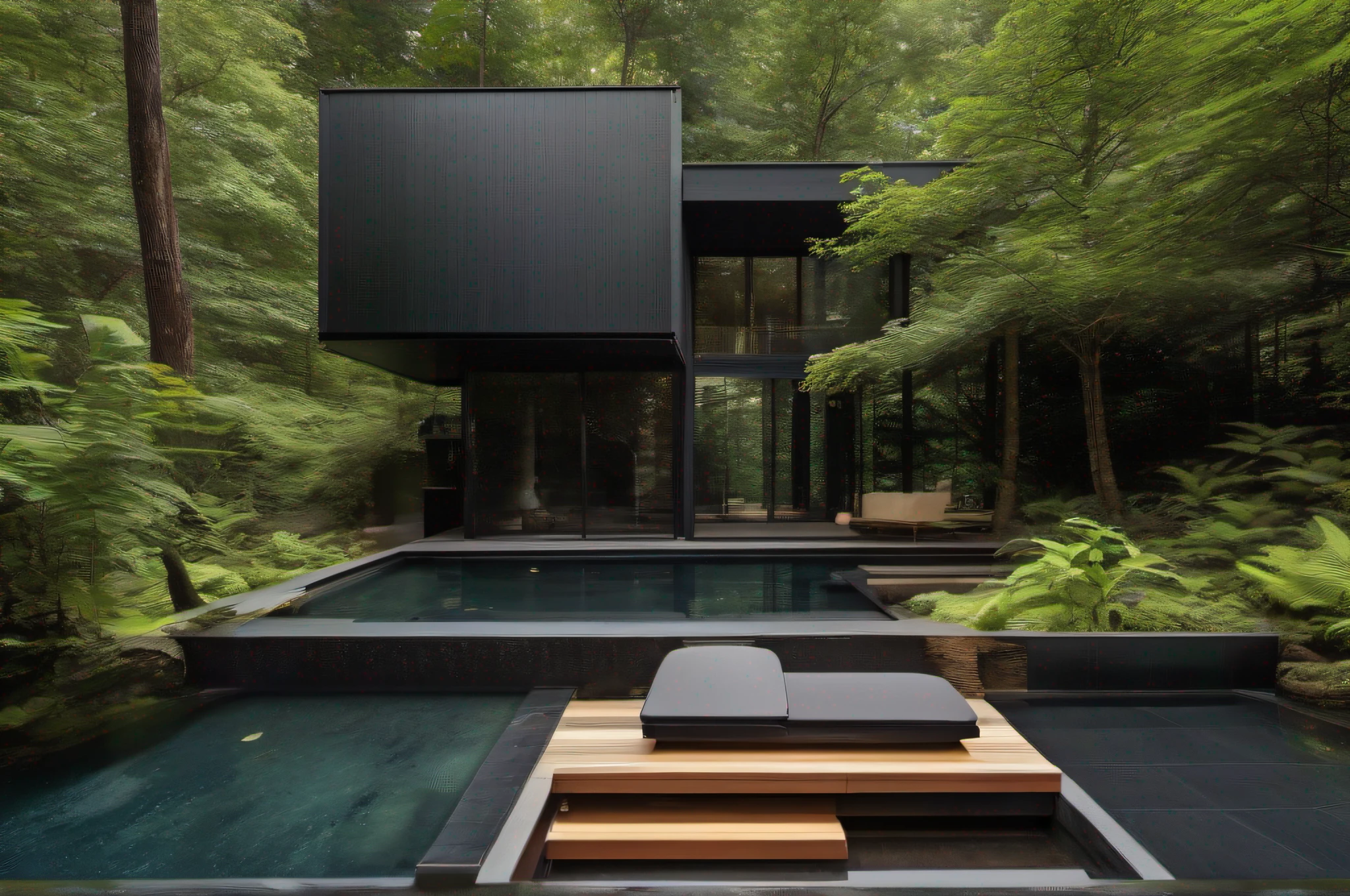 "A contemporary black house standing next to a towering waterfall amidst a lush forest."