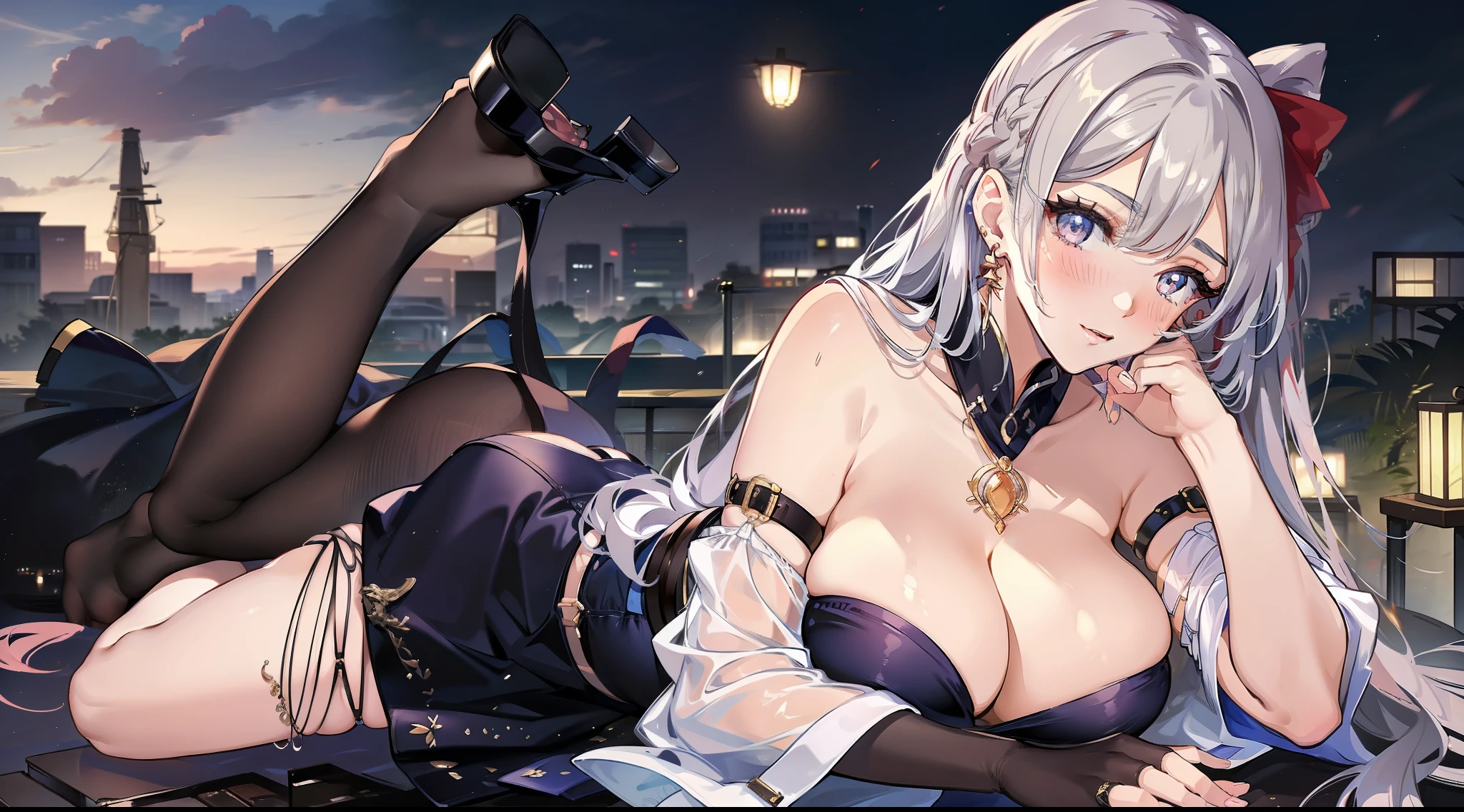 A girl crawls in a park at night,Clear sky in the background. Park benches and soft lighting, Rear photo, (Side photography), looking back at the viewer, (Masterpiece), ((Ultra-detailed)), (Highly detailed), (Expressionless), (Best quality: 1.2), 8K, hdr, A high resolution, absurderes: 1.2, Object perspective, Blurred background, Bokeh: 1.1, Lens flare, (vivd colour: 1.2), High quality texture, Detailed texture, High-quality lighting and shadows, a face with perfect proportion, full bodyesbian, Mature and excited body, Detailed skin texture, vibrant, pale and radiant skin, natural saggy breasts, gigantic bosom: 1.5, High waist, Narrow waist: 1.3, Wide hips, Full buttocks, Detailed beautiful face, (PureErosFace_V1:1.3)(Ulzzang-6500:0.4) Detailed beautiful eyes, Symmetrical eyes, Perfect eyes, Seductive eyes, Beautiful nose, High nose, Clear blush, Detailed lips, Earrings, hoop earings, necklace, jewelry, Sapphire heart necklace, Silver-toned high-heeled sandals, Seductive expression, Smile, Perfect hands, Delicate and beautiful fingers, Detailed beautiful legs, photo-realistic hair, detailed hairs, (Silver dress, Red dress, Blue dress), Chisato Nishiki, Long hair, Blonde hair, (Red eyes: 1.5), Hair ribbon, Bob cut, Red hair ribbon,),Huge breasts,Japan goddess,Blush,,