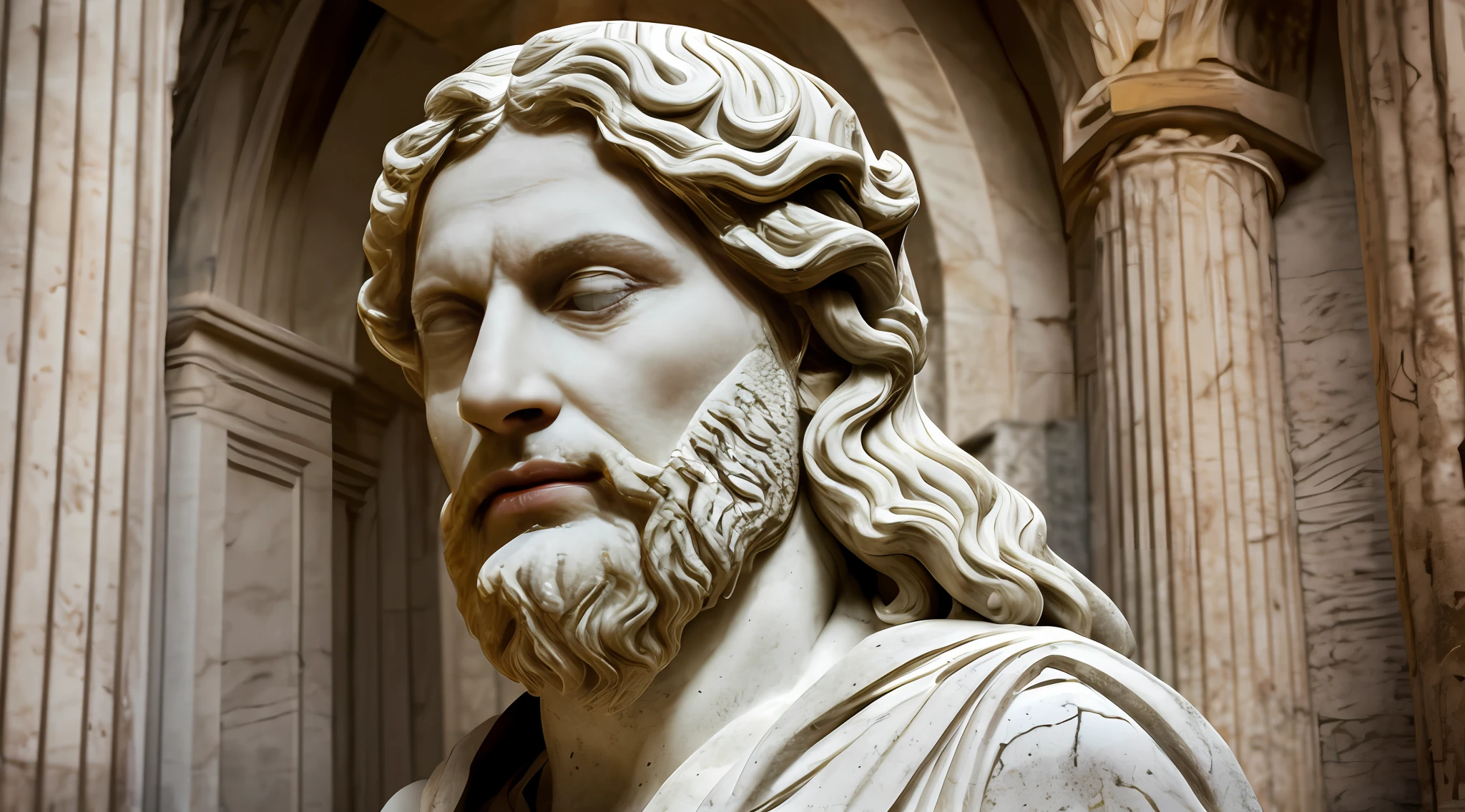 arafed statue of a man with a beard and a beard, Divino e estoico, Marble statues, carved from marble, Marble statue, carved marble statue, rosto estoico, Greek marble statue, statue of carving marble, Escultura realista de 8K Bernini, a marble sculpture, greco roman statue, inserir headset, colocar headset.