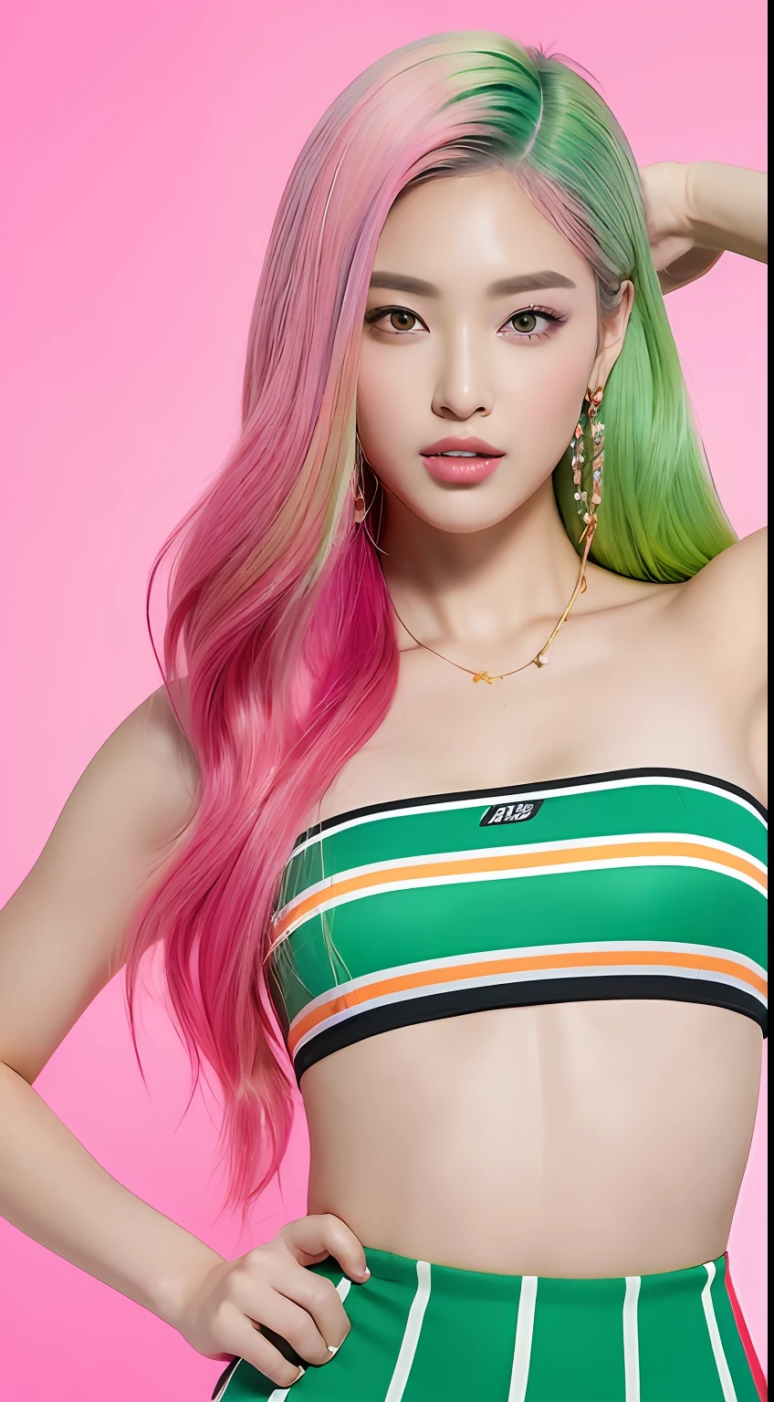 ((top-quality、8K、masterpiece:1.3))、1girl in、Slim Abs Beauty:1.3、She is a woman with the image of a gorgeous watermelon.、It has a vivid and fun presence。
hairstyle on: Her hair was shaded with bright pink and green shades like watermelon.、It's a fun style。Perhaps a unique hair accessory may also be accentuated。
Hair color: The pink and green shades of watermelon are incorporated into the hair.、It expresses glamour and fun。
Skin: Her skin has a bright and energetic glow,、You can feel the vividness like a watermelon.。
garments: She wears an outfit with a glamorous design inspired by a watermelon。The pattern and color of the watermelon stand out、It's full of fun。
body type: Her figure is energetic and healthy.、It exudes watermelon-like fun。
This masterpiece is painted in the highest quality、A vivid and fun figure of a woman with the image of a gorgeous watermelon、Brilliantly expressed by pink and green hair colors and glamorous fashion。