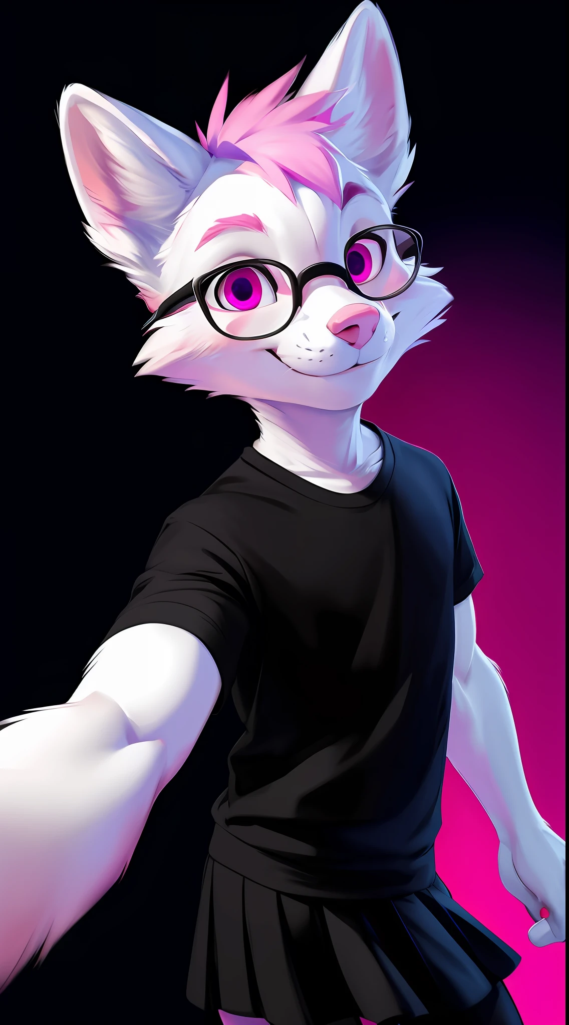 uploaded on e621, by Cory Loftis, by Chunie, by Kentowan, from side, (full body portrait), solo,1 boy, adorable white fox (male), white fur, pink nose, pink short hair , purple eyes, highly detailed eyes, taking a selfie, selfie, wearing a black shirt, black rounded glasses, black skirt, black stockings and black sneakers, smiling, pink stars tatto, looking at viewer (pink backlighting:), (pink blue lighting), masterpiece, highres, (black background, night), colorful, aesthetically pleasing.