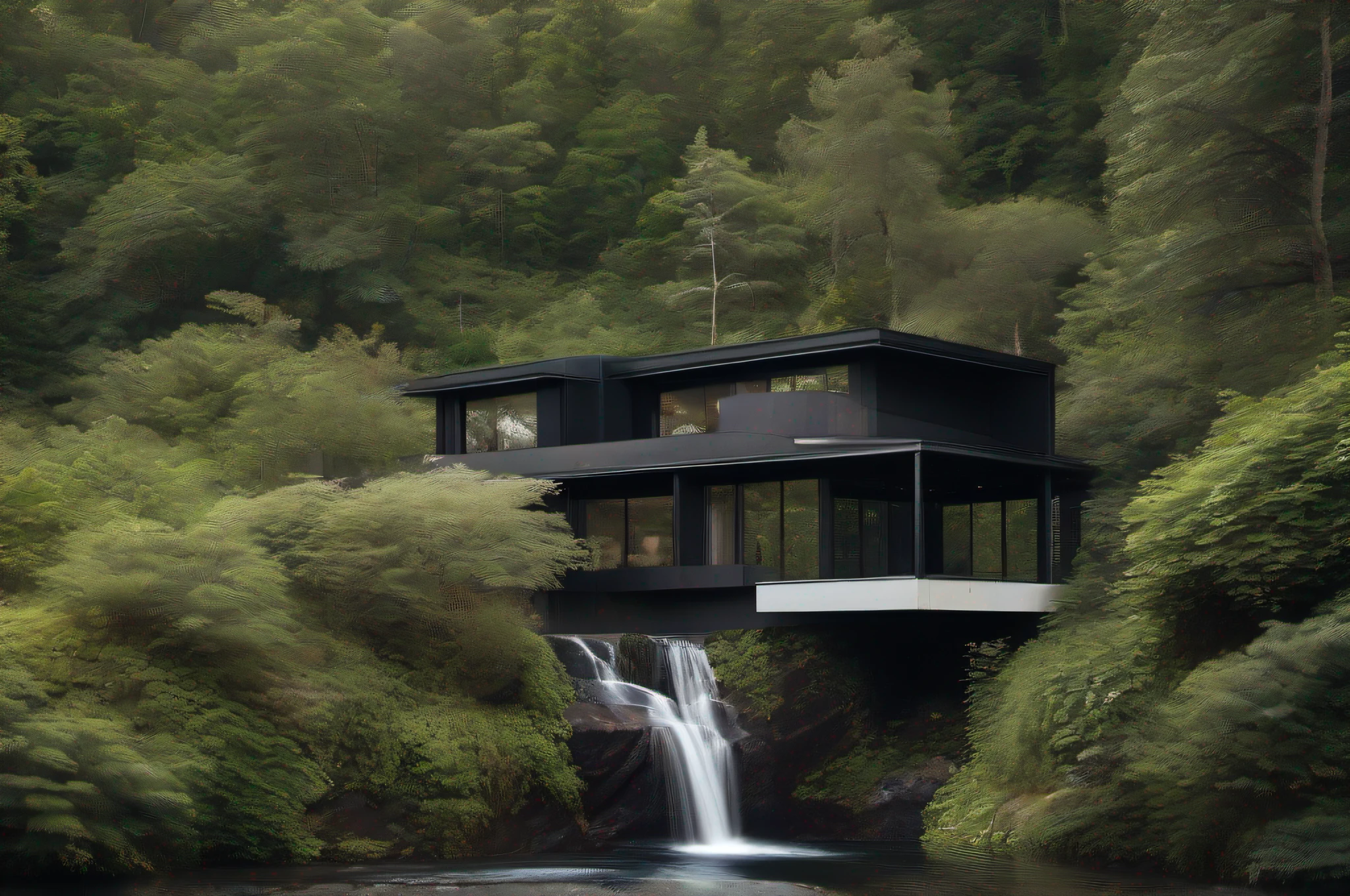 "A contemporary black house standing next to a towering waterfall amidst a lush forest."