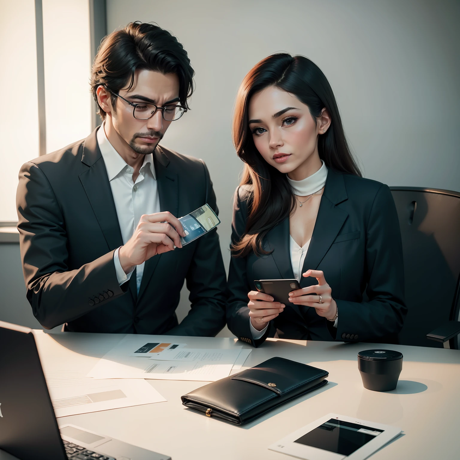 Couple in an elegant and modern office, with wallet full of cash and credit cards on the table, discutindo sobre investimentos e planos financeiros, Arte digital, estilo minimalista, Fotografia, DSLR camera with 35mm lens, --ar 9:16 --v 5