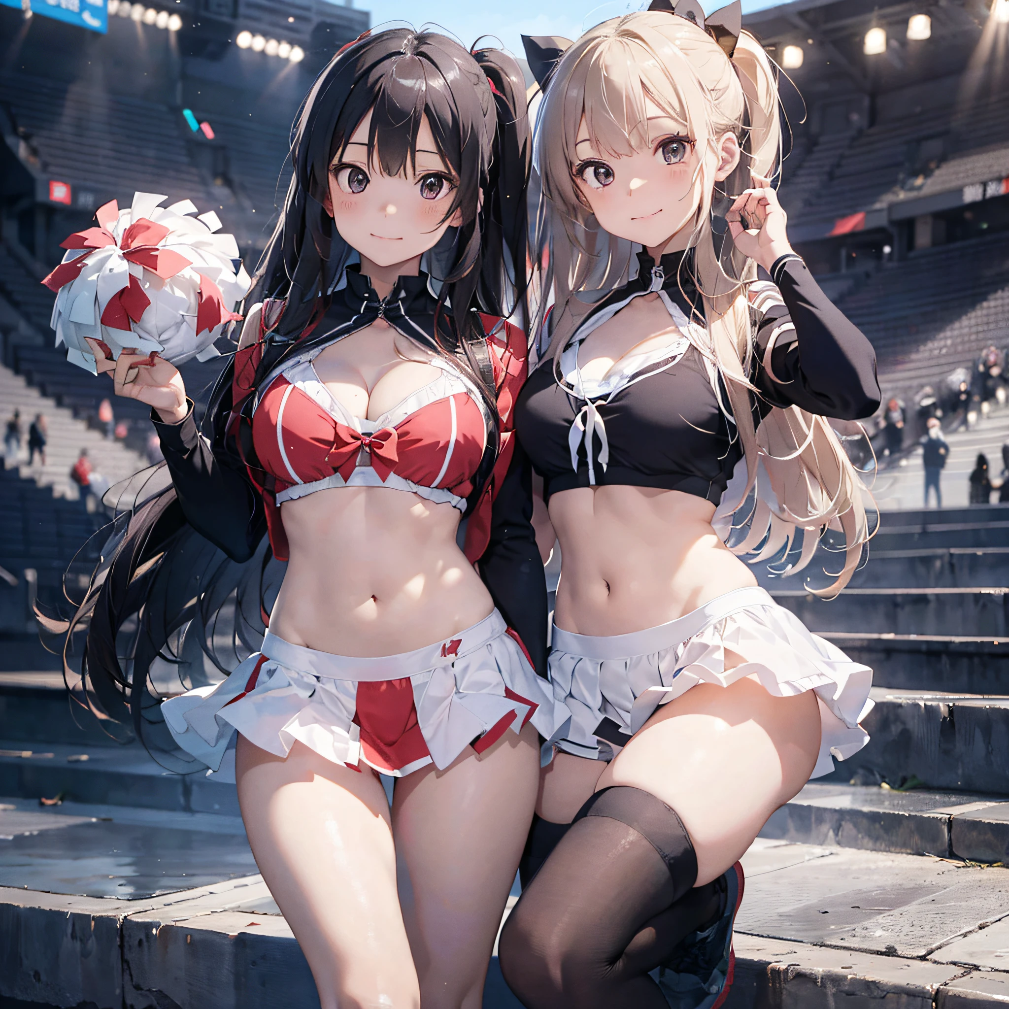 Two Alafed Asian cheerleaders posing dynamically with large pom-poms in each hand in the stadium、a closeup、cosplay foto、Anime Cosplay、tiny chest、Raw photography, top-quality, hight resolution, (masterpiece), (Photorealsitic:1.4), professional photograpy, foco nítido, nffsw, 8K分辨率, intricate detailes, depth of fields, the Extremely Detailed CG Unity 8K Wallpapers, front lit, girl with, beautiful supermodel, A smile、A slender、Korean style uniform、Peeking from below、(skinny thigh)、I see underwear、Wearing a sun visor on the head、