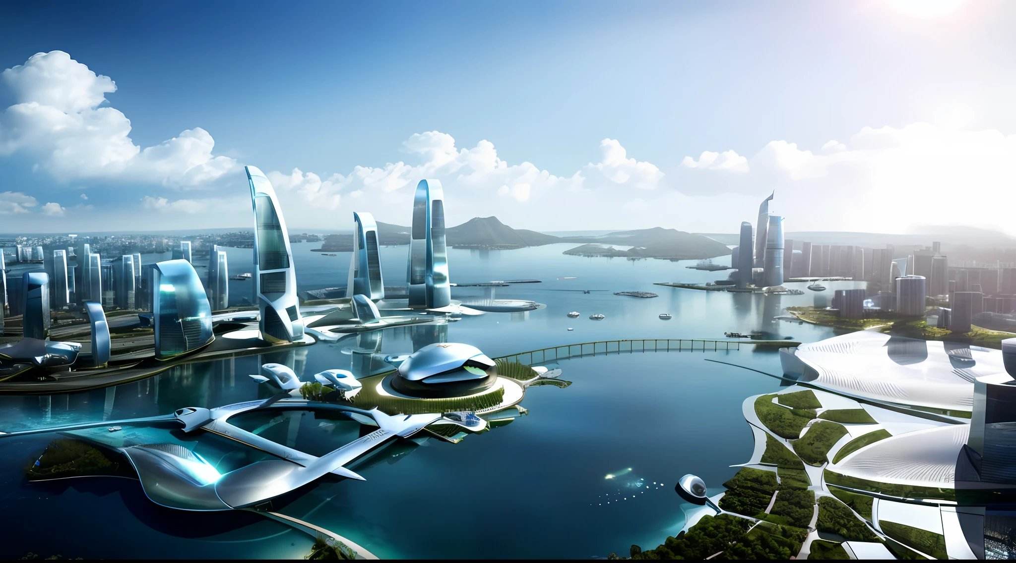 ((masterpiece, best quality)), 8k, modern architectural style, photographrealistic, hyperedetailed photo, Clean skies, greenery, cyber punk perssonage, nightcity,(Night:1.3),Masterpiece,Best quality,超高分辨率,4K,8K,CG,Realistic,photograph realistic,Tall structures,viewed from bird's-eye,Artificial island,Buildings