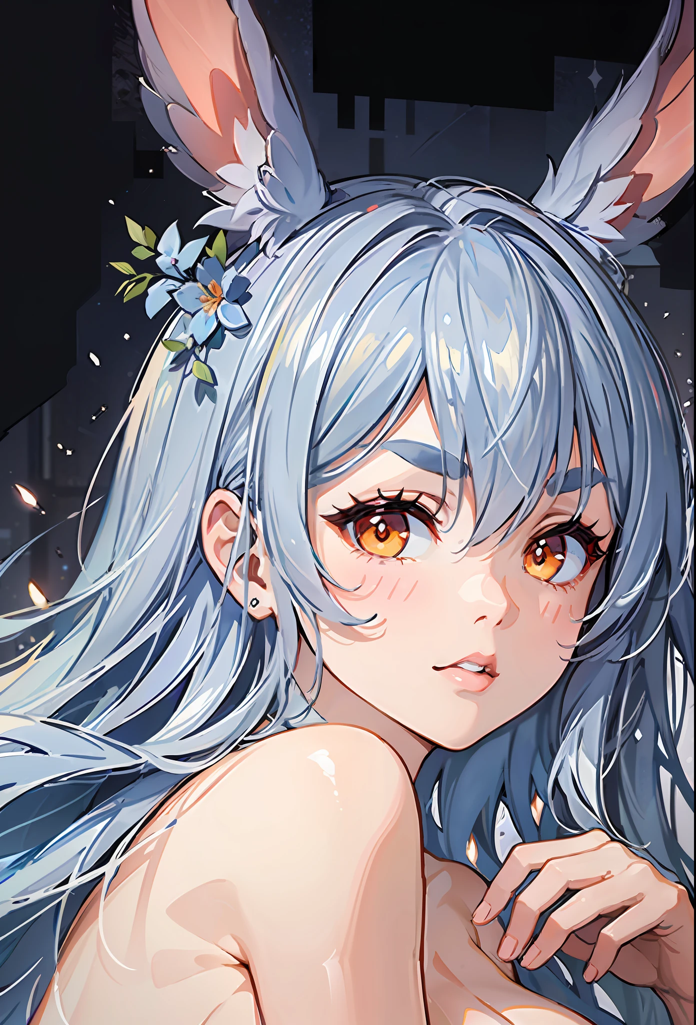masterpiece, top-quality, The ultra -The high-definition, Top resolution, ighly detailed, semi long hair、Braided hair、pretty skin、fullnude、Slimed、Rabbit ears、Long rabbit ears、thick eyebrow、Thick eyebrows、very thick eyebrows、Orange eyes、