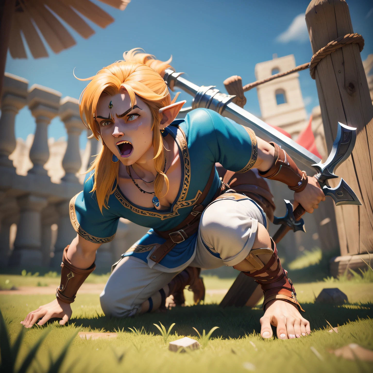 um banner de jogo com um espadashin, cartoon, desenho, jogo 3d, estilo zelda, jogos de plataforma, espadashin, luta de espadas, guerra
