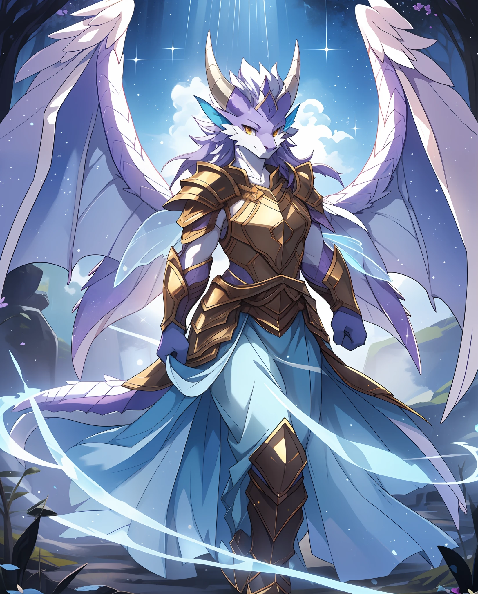 Anthropomorphic Lizard, pale violet scales and tail, white fairy-like armor with a yellow fluff coller, violet horn crests, golden eyes, large graceful beautiful dark blue sparkles with light blue fairy wings, masterpiece, best quality