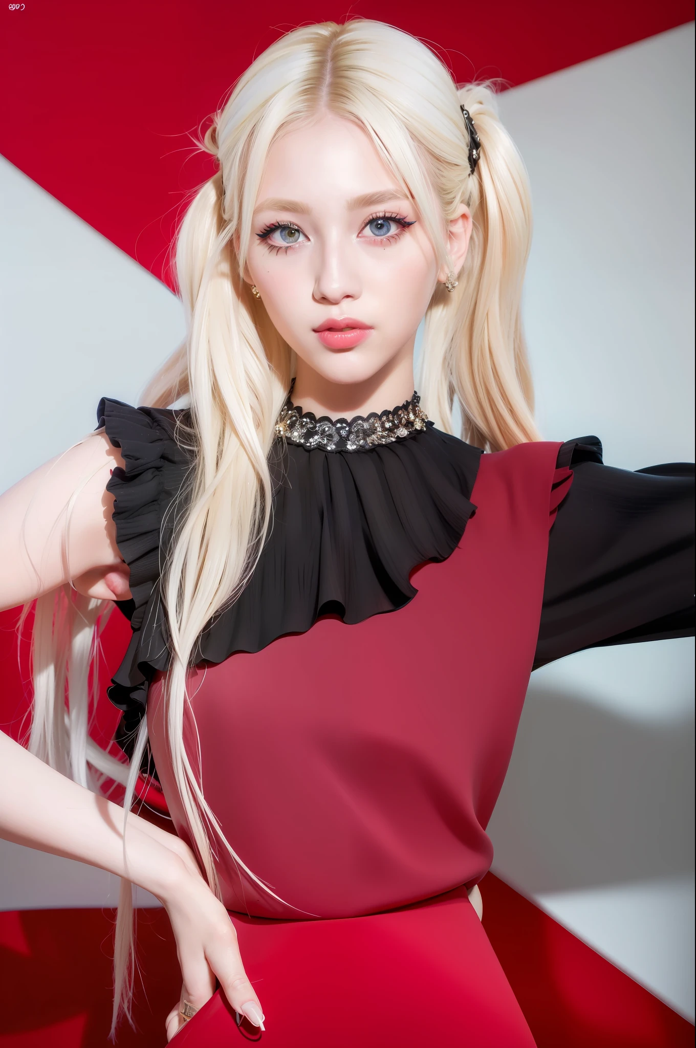(8k, 4k, best quality, highres, ultra high res:1.1), (masterpiece, realistic, photo-realistic:1.1), 1girl, face, close-up, twintails, blonde hair, black eyes, red lips, (looking at viewer:2), absurdly long hair, long eyelashes, eyeshadow, small face, big eyes,
bare shoulders,
high contrast,