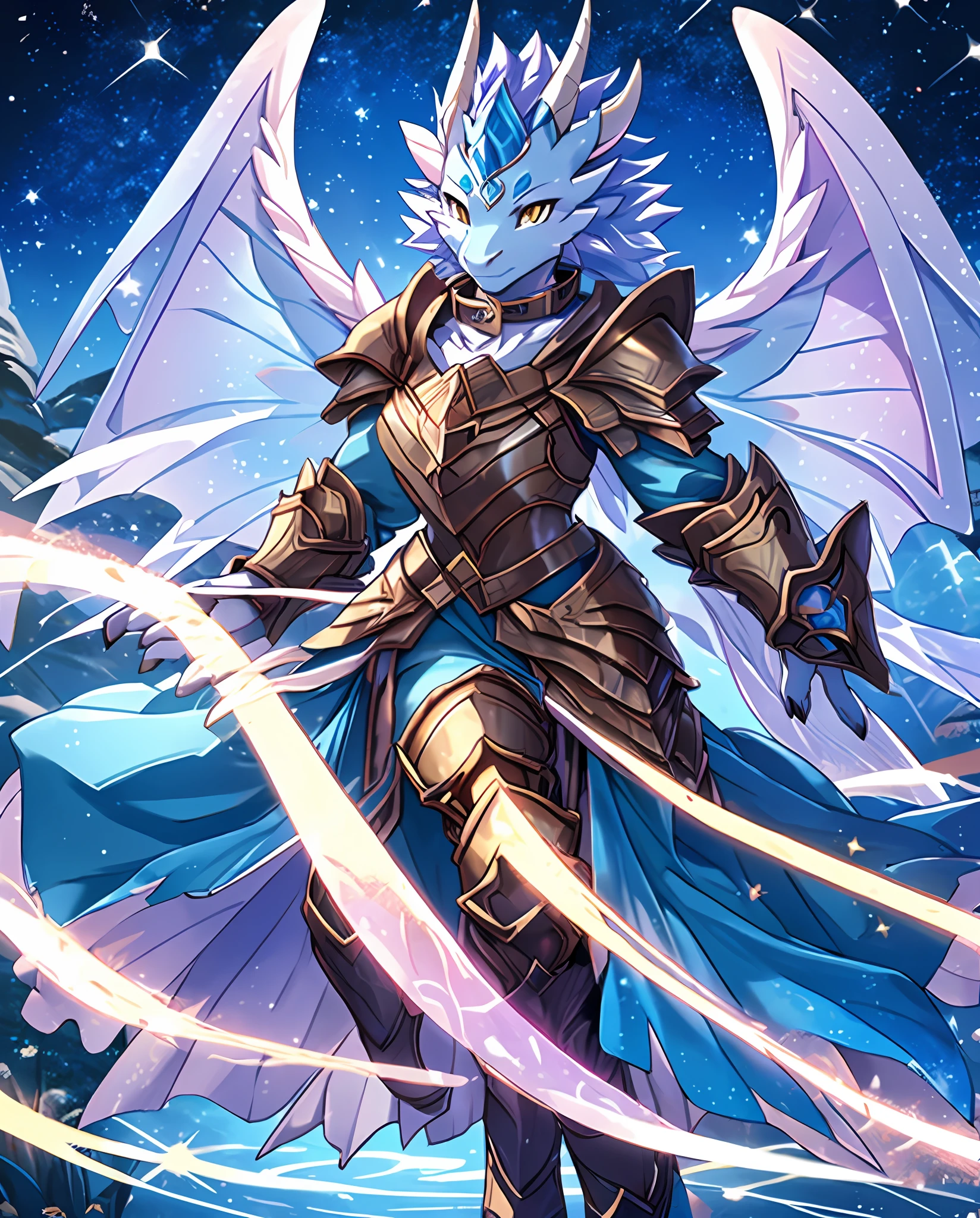 Anthropomorphic Lizard, pale violet scales and tail, white fairy-like armor with a yellow fluff collar, violet horn crests, golden eyes, large graceful beautiful dark blue sparkles with light blue fairy butterfly wings, masterpiece, best quality