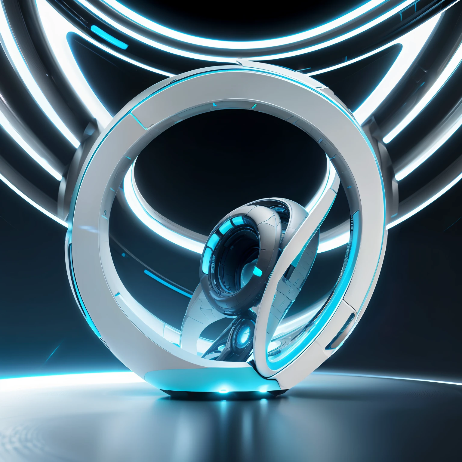 ((frontal flat view, frontal shot)): ((very slim torus form)) Futuristic steel high tech mecanichal, slim circle, blue and cyan, ((with a round photo of a man at the center))