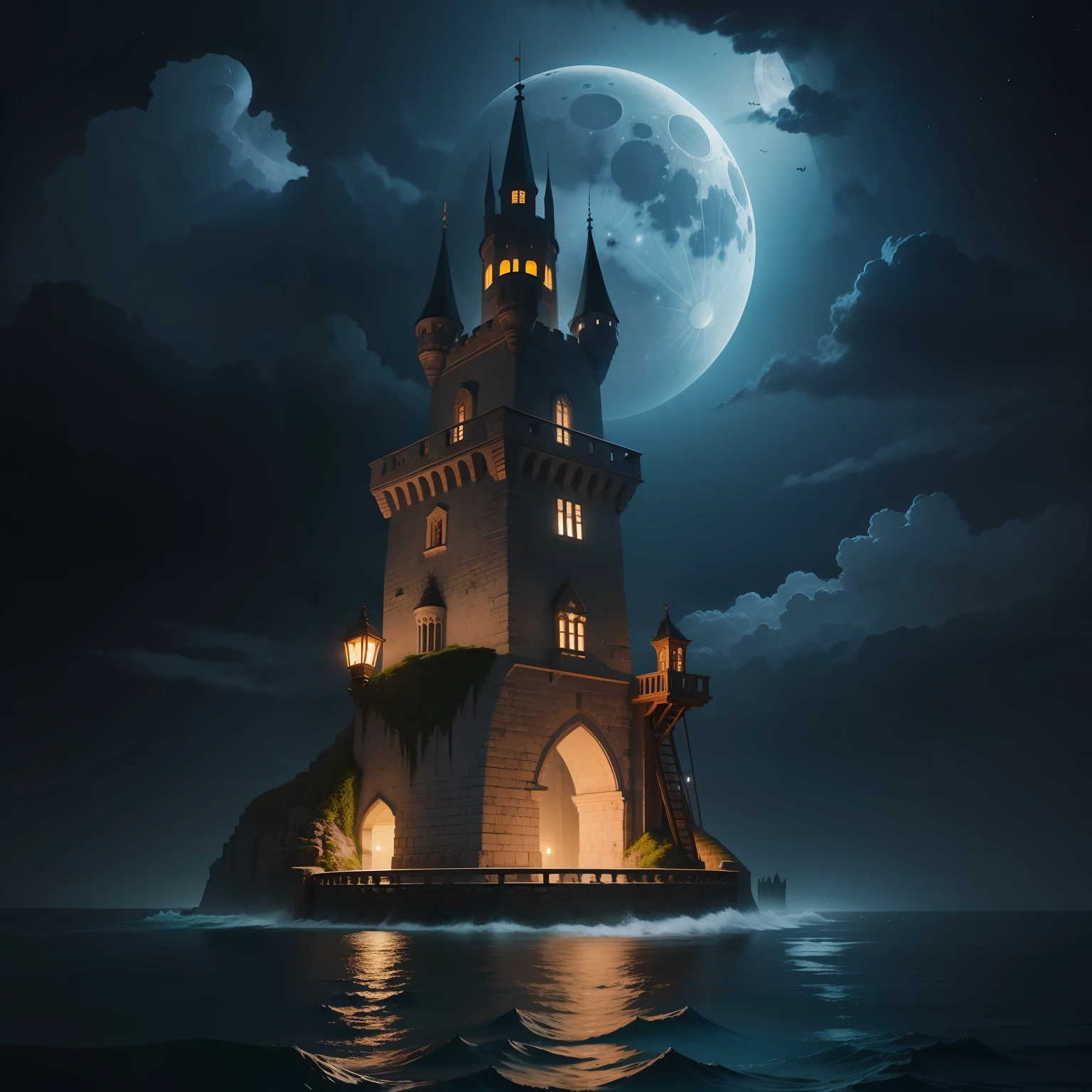 Castle tower with walkway in the middle of the sea at night with the full moon