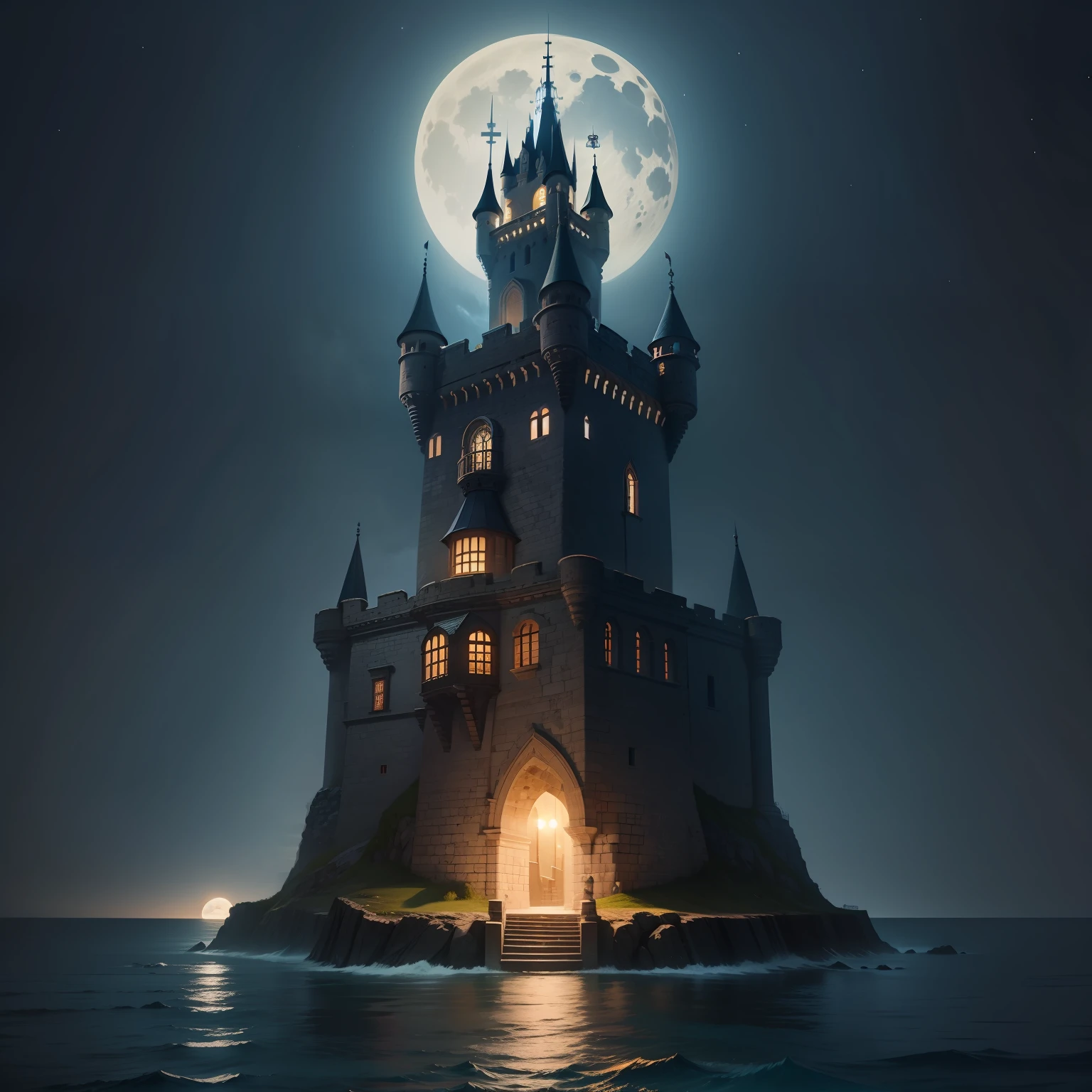 Castle tower with walkway in the middle of the sea at night with the full moon