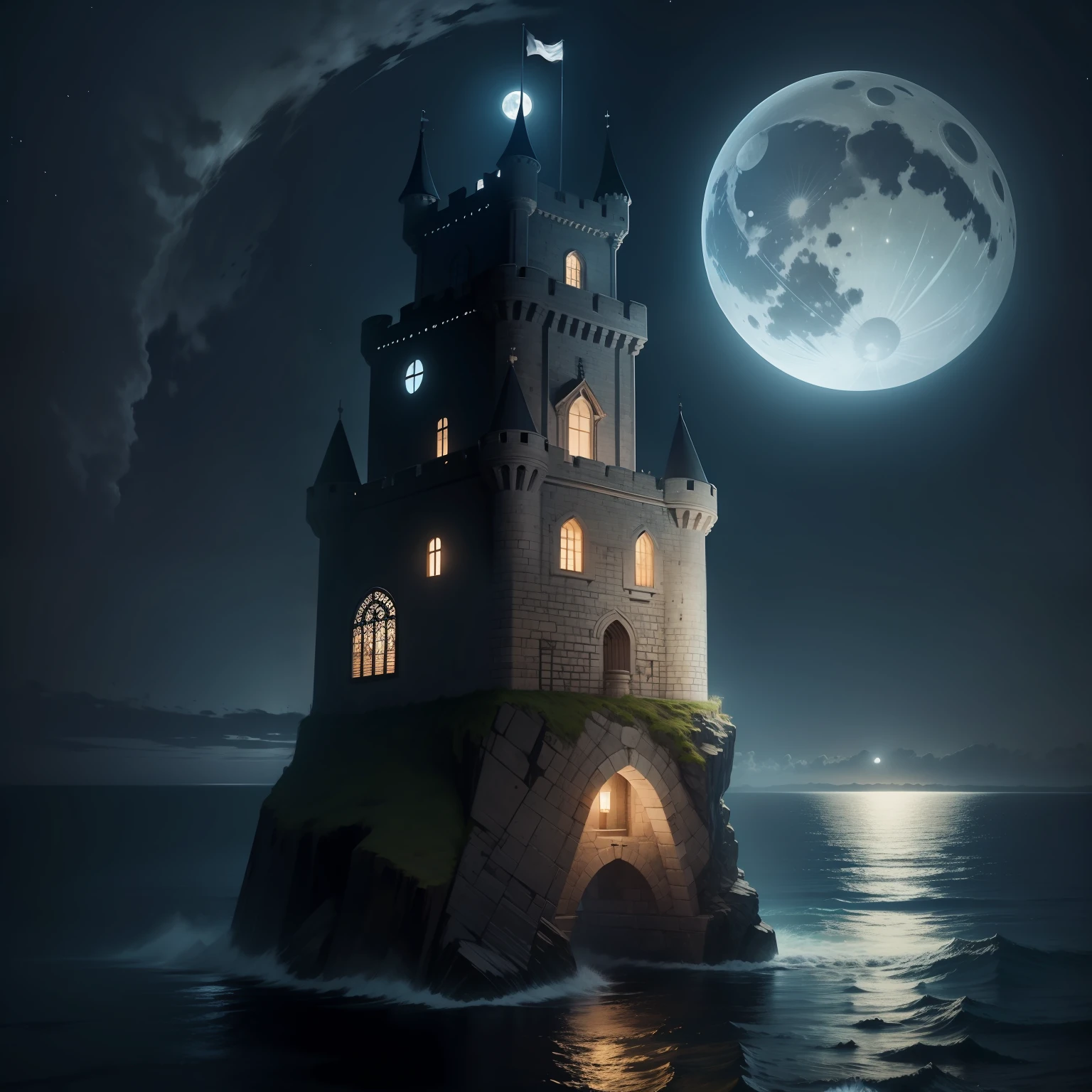 Castle tower with walkway in the middle of the sea at night with the full moon