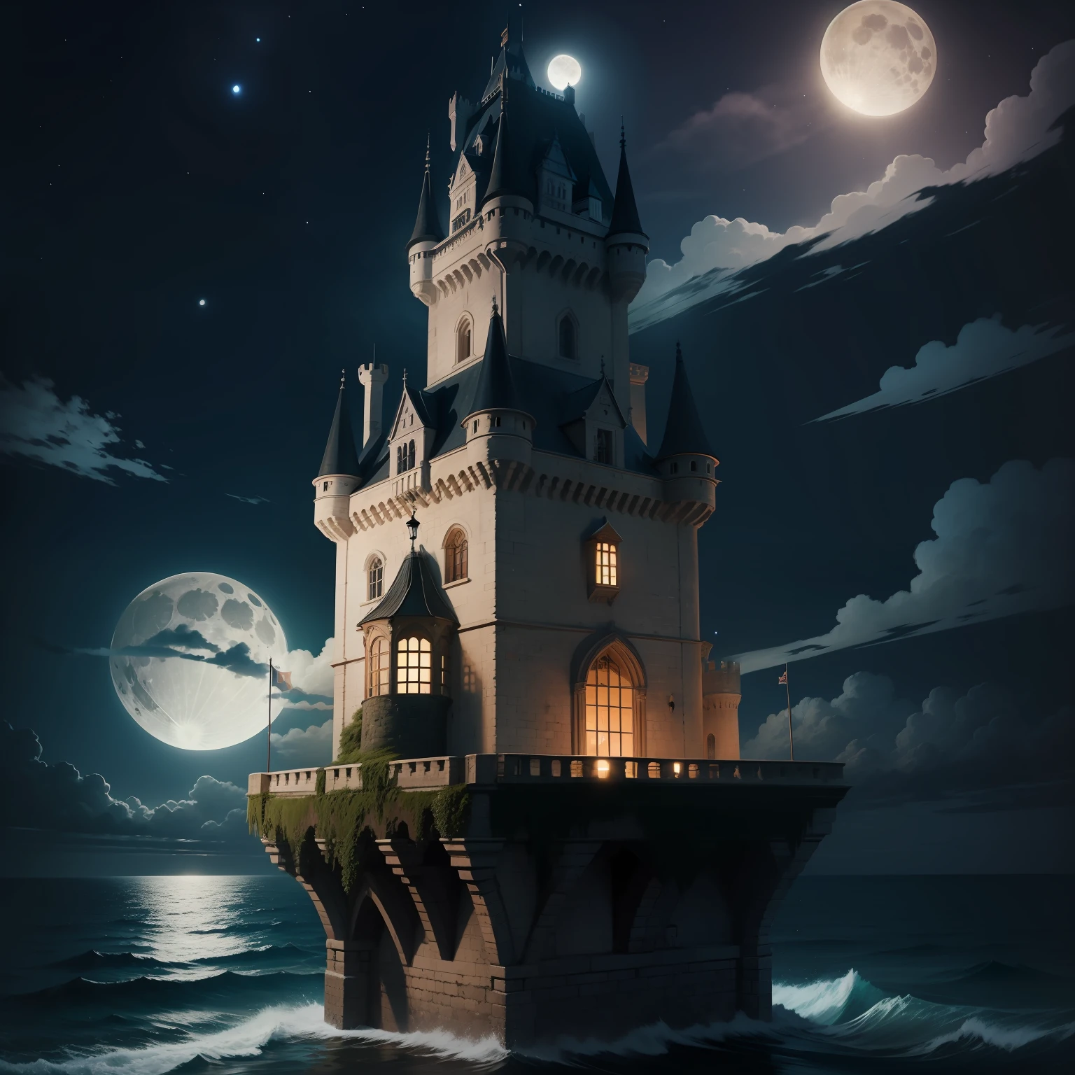 Castle tower with walkway in the middle of the sea at night with the full moon